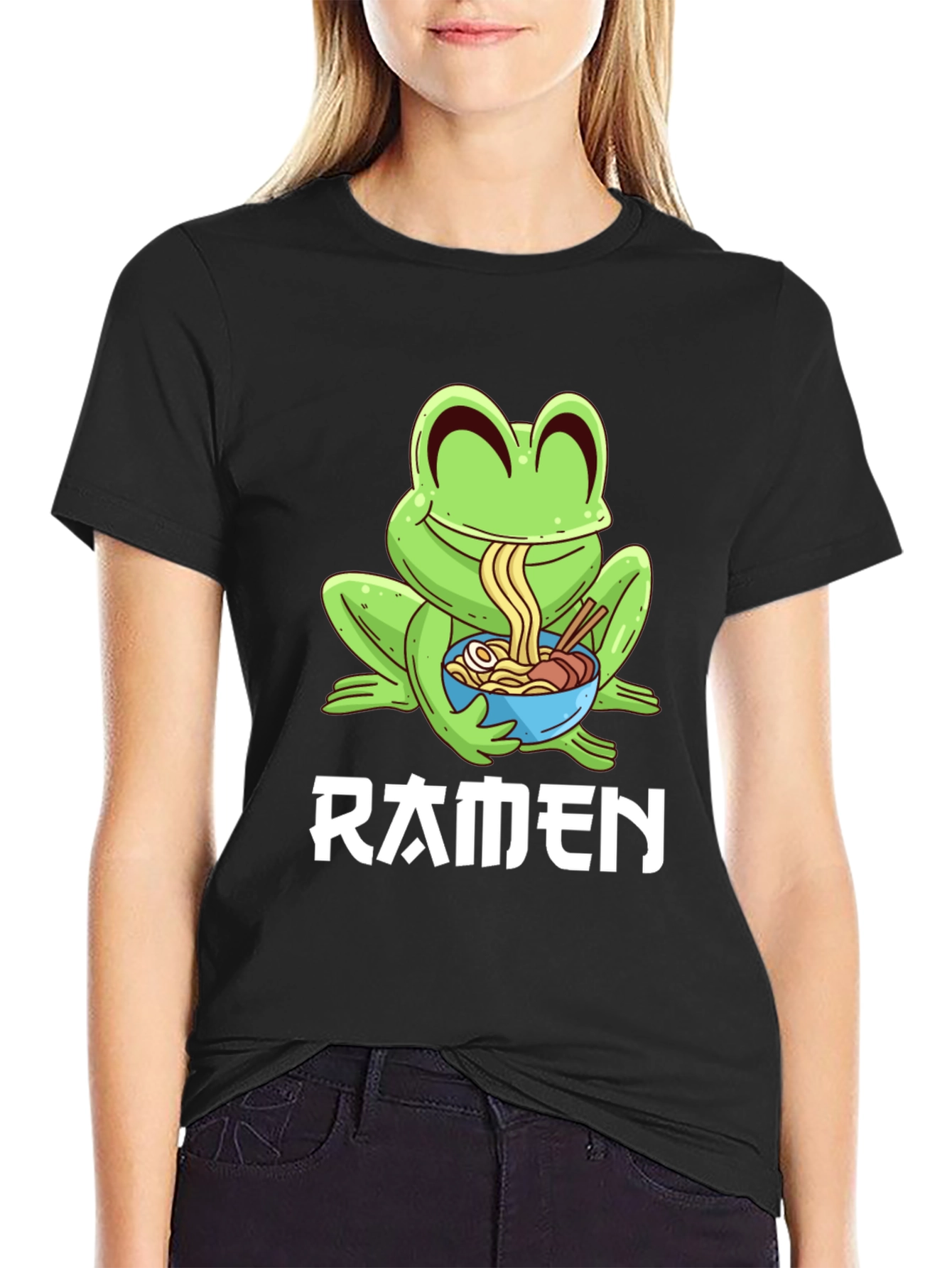 Frog Ramen T-Shirt - Black Cartoon Graphic Tee