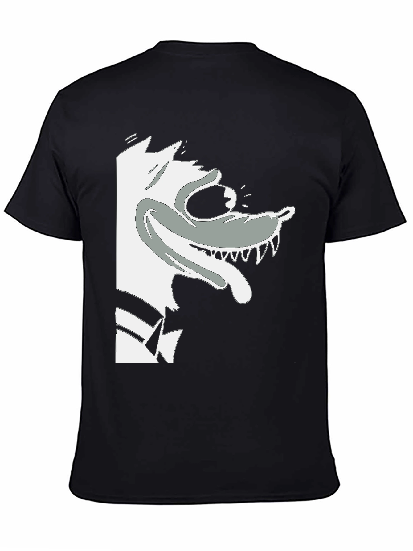 Cartoon Wolf Graphic Tee - Black Cotton T-Shirt