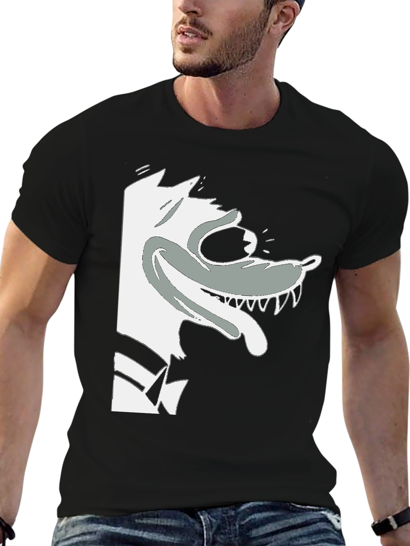 Cartoon Wolf Graphic Tee - Black Cotton T-Shirt