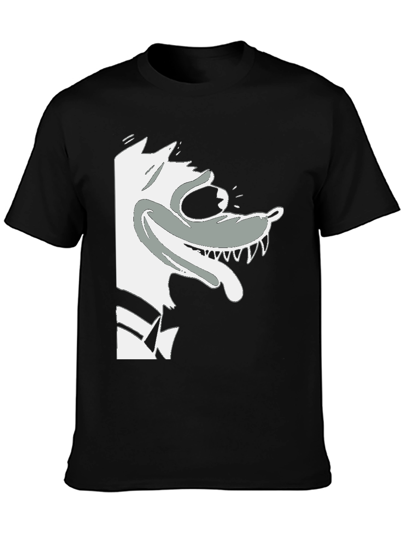 Cartoon Wolf Graphic Tee - Black Cotton T-Shirt