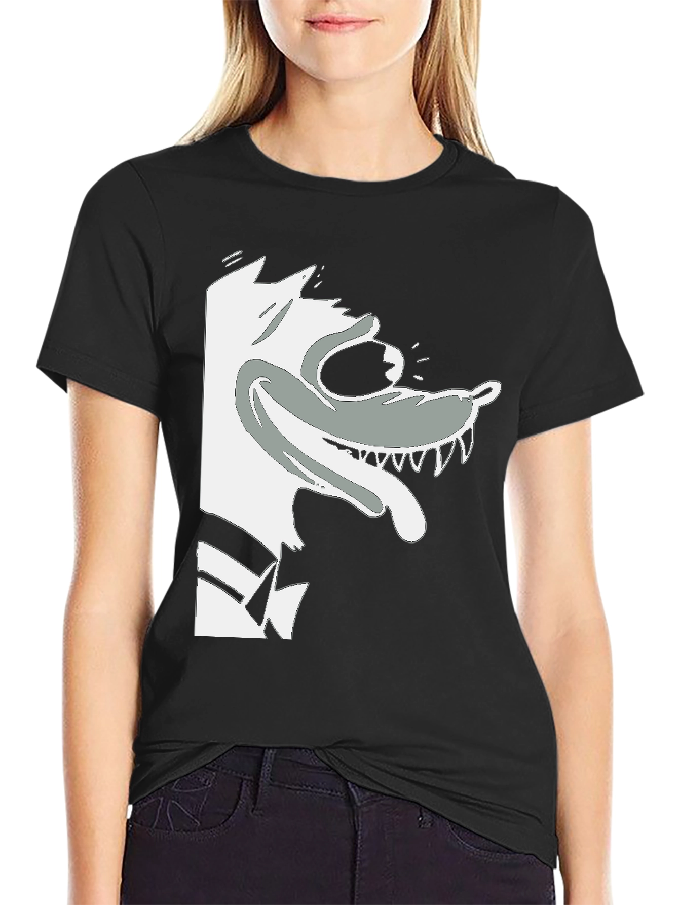Cartoon Wolf Graphic Tee - Black Cotton T-Shirt