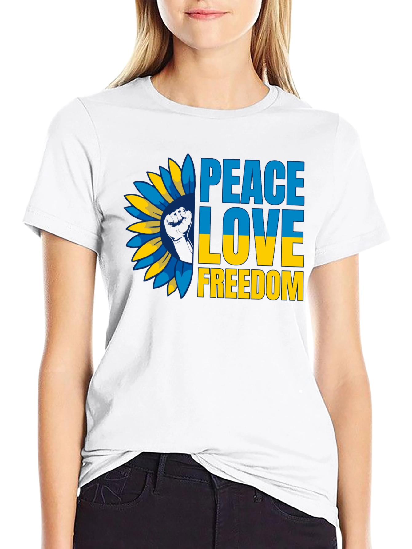 Ukraine Peace Love Freedom T-Shirt Sunflower Design