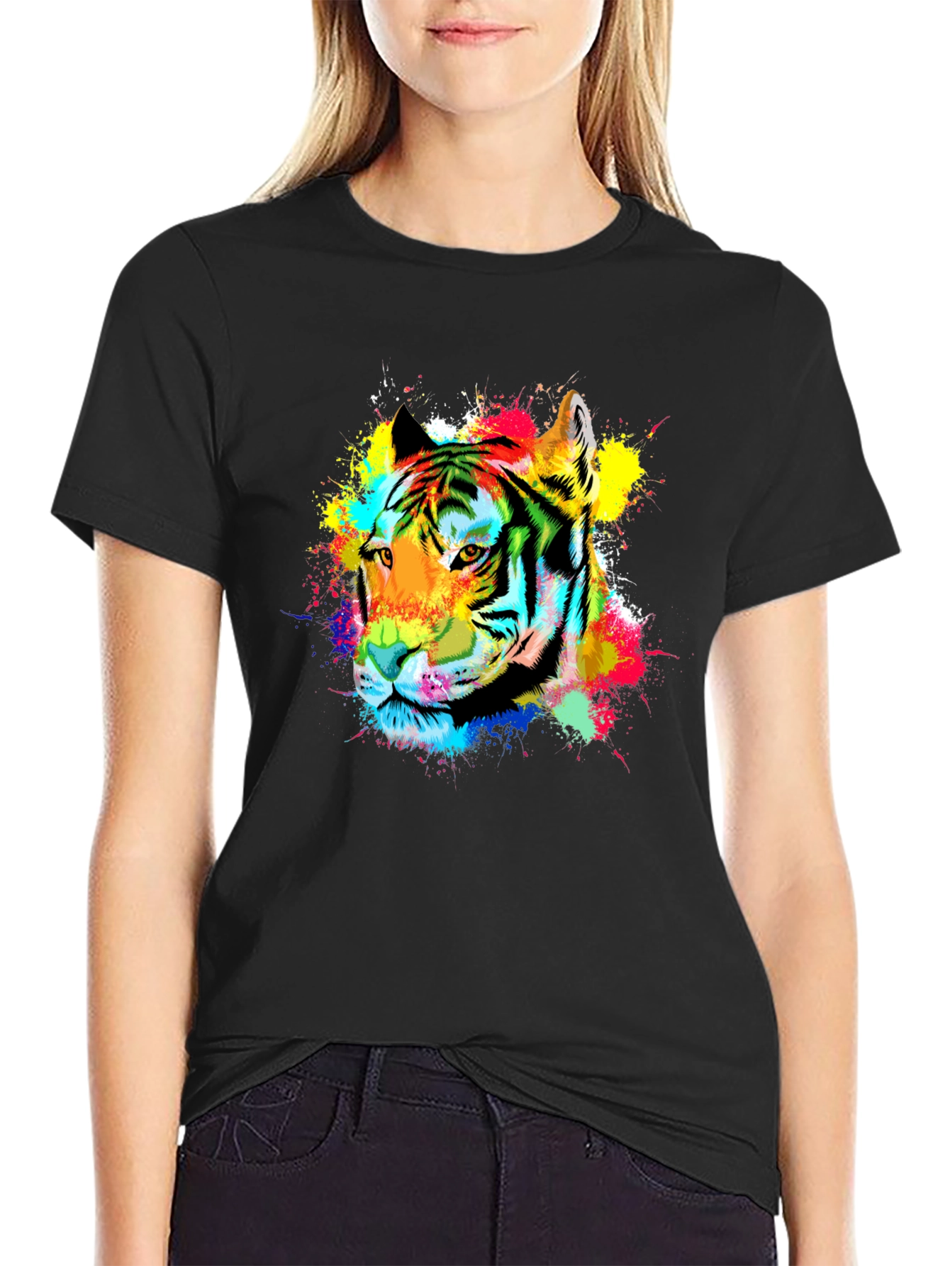 Vibrant Tiger Graphic Tee - Black Cotton Blend