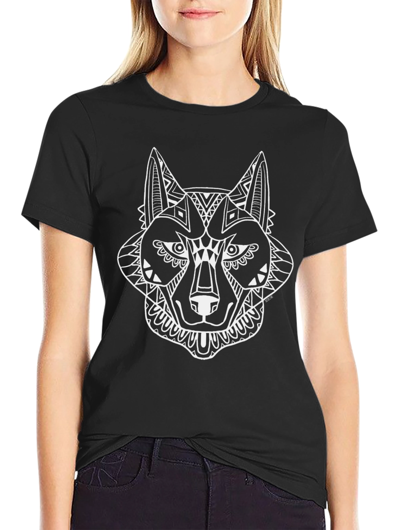 Wolf Graphic Tee - Black Cotton Blend Crew Neck