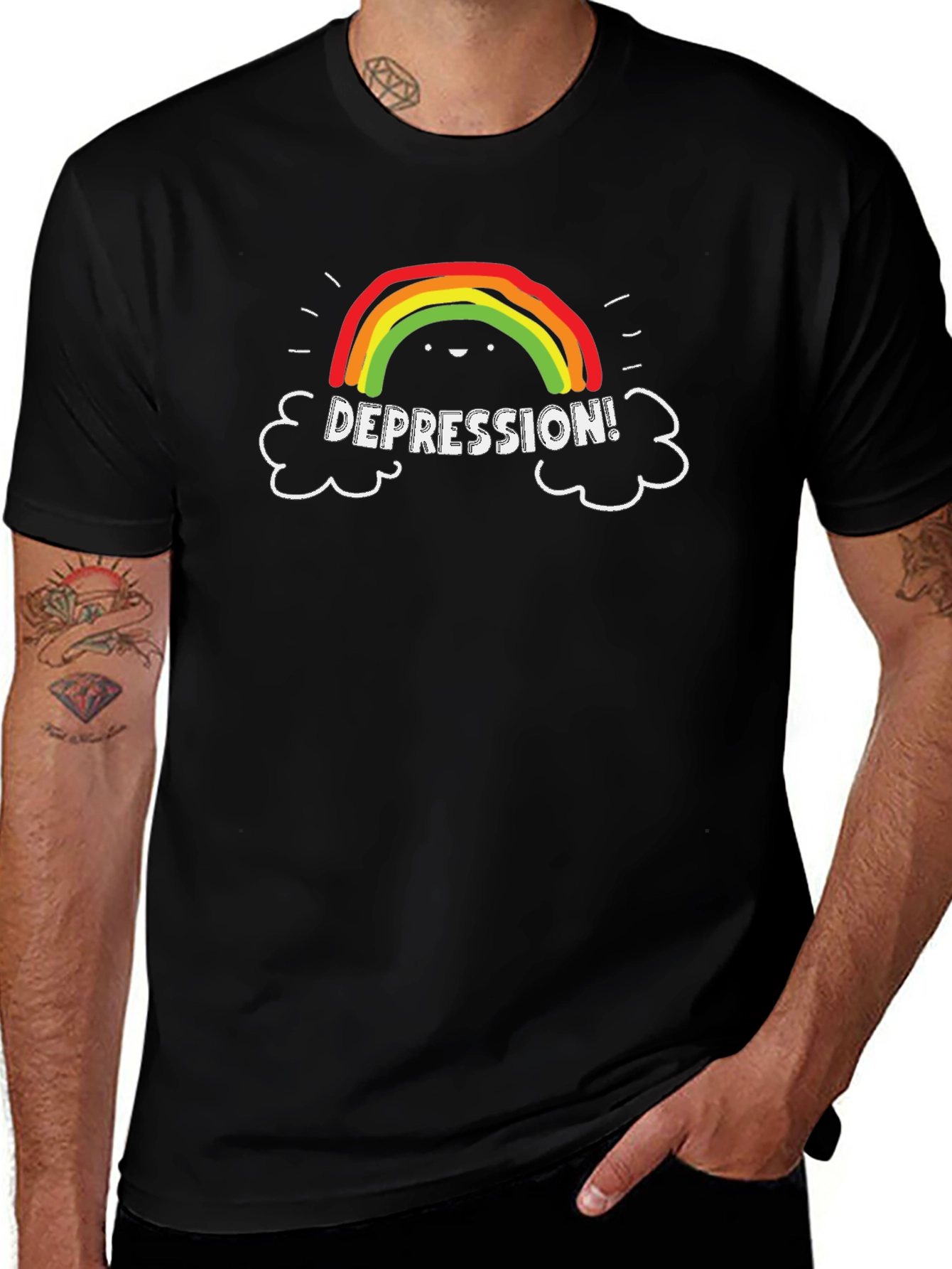 Depression Rainbow Graphic Tee - Black Casual T-Shirt