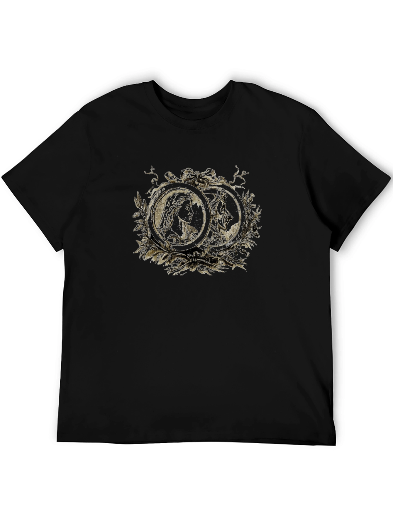 Ornate Cameo Style Graphic Print Black T-Shirt