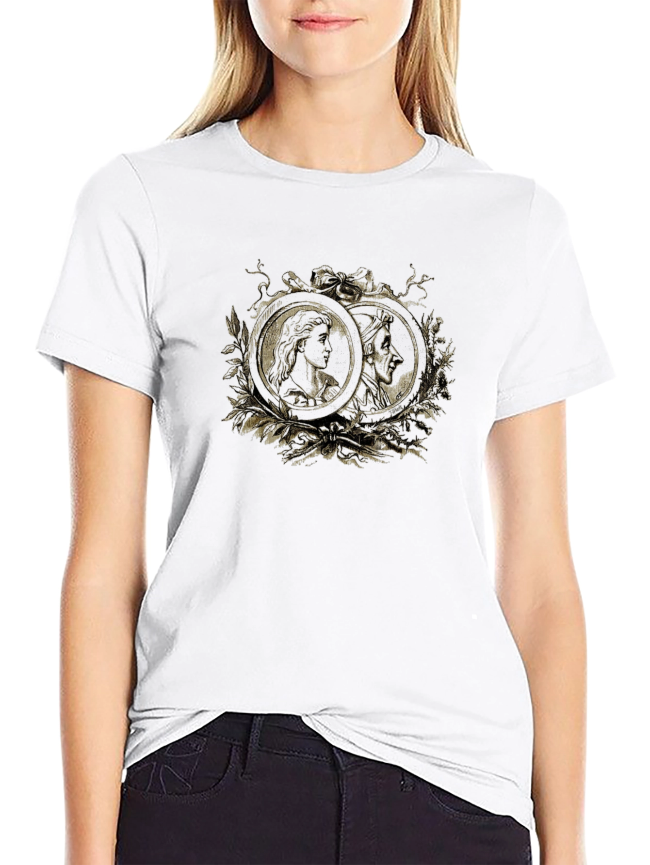 Ornate Cameo Style Graphic Print Black T-Shirt