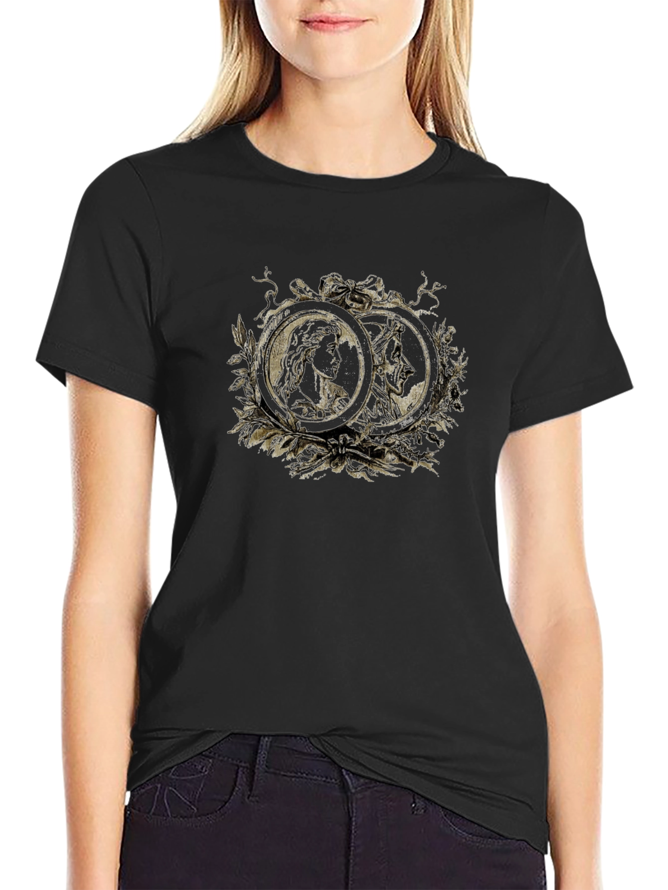 Ornate Cameo Style Graphic Print Black T-Shirt