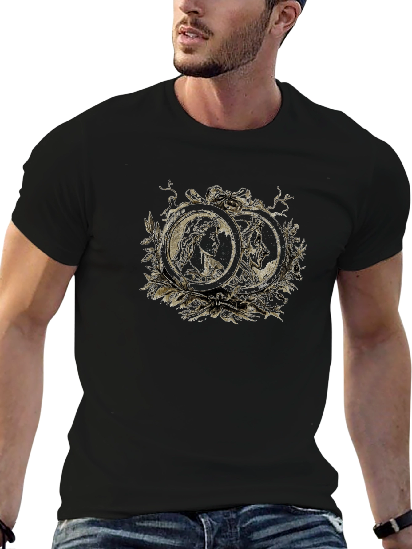 Ornate Cameo Style Graphic Print Black T-Shirt