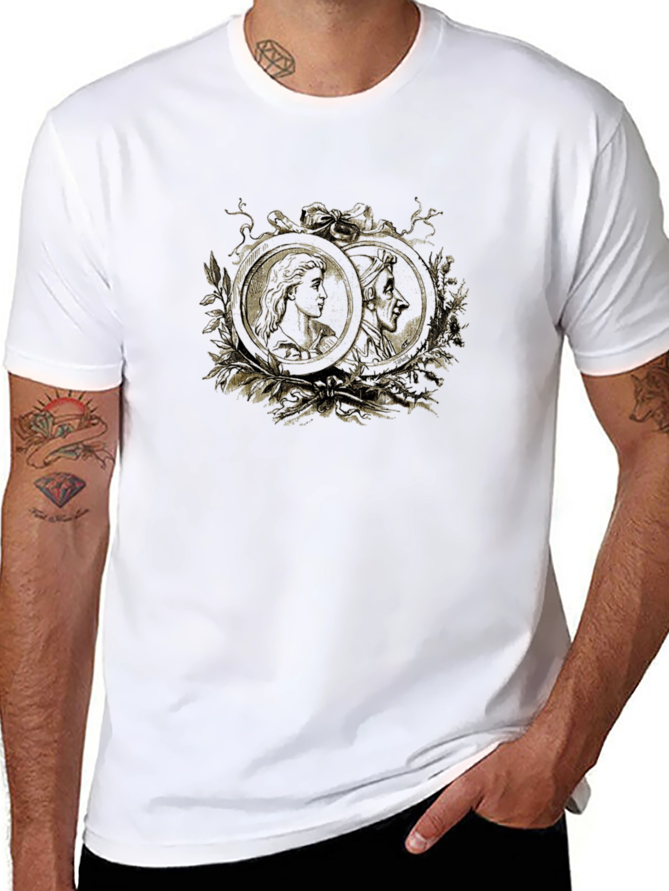 Ornate Cameo Style Graphic Print Black T-Shirt