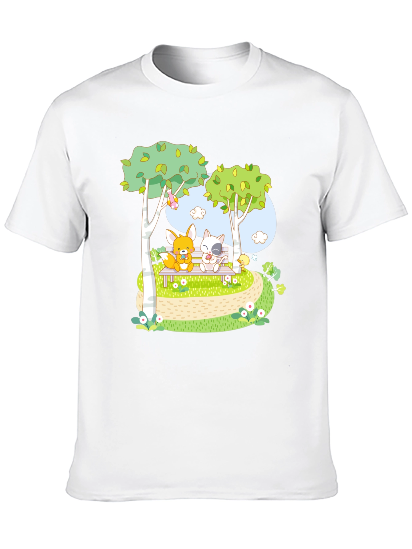 Cartoon Friends on a Bench Graphic T-Shirt