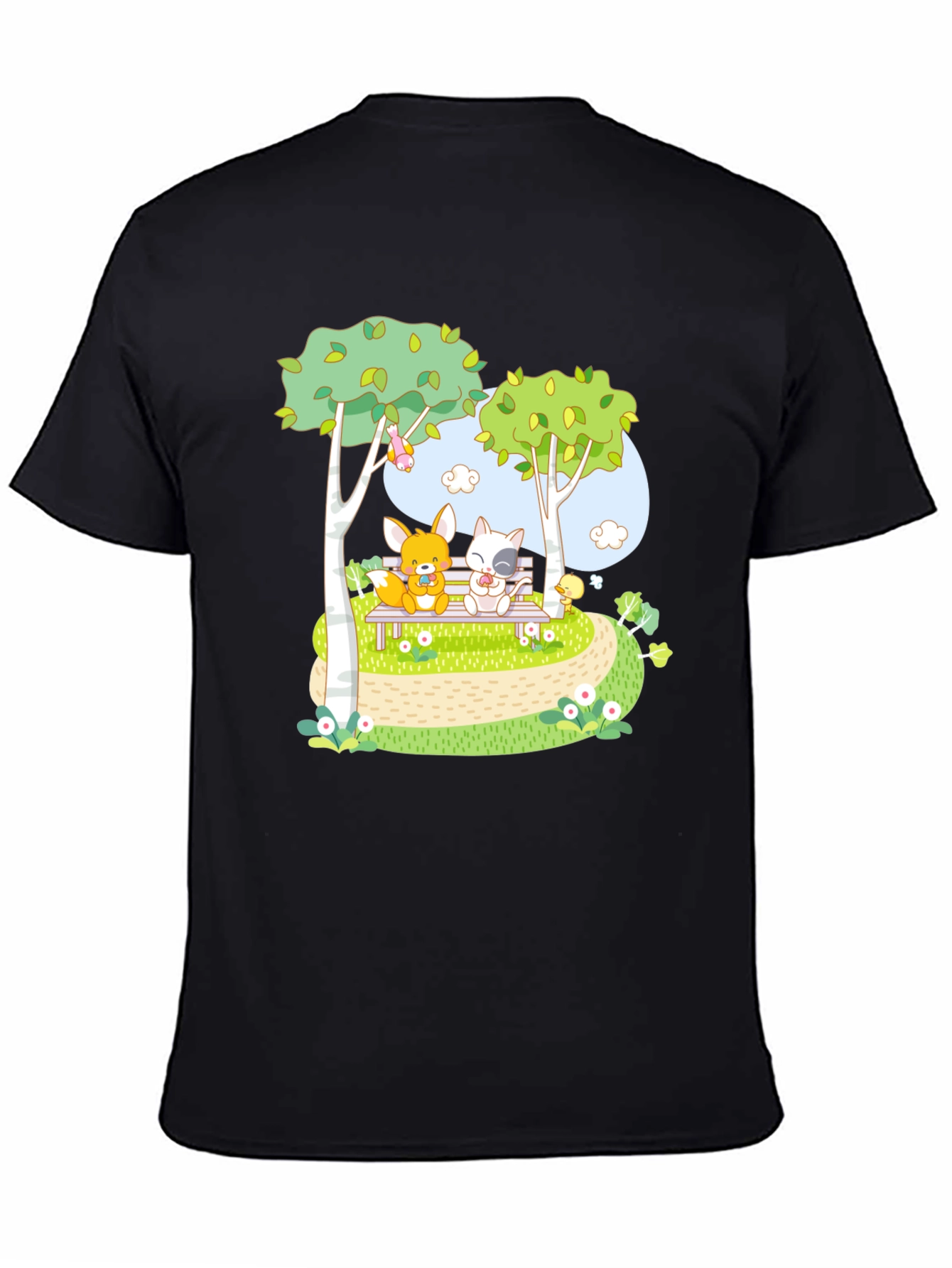 Cartoon Friends on a Bench Graphic T-Shirt