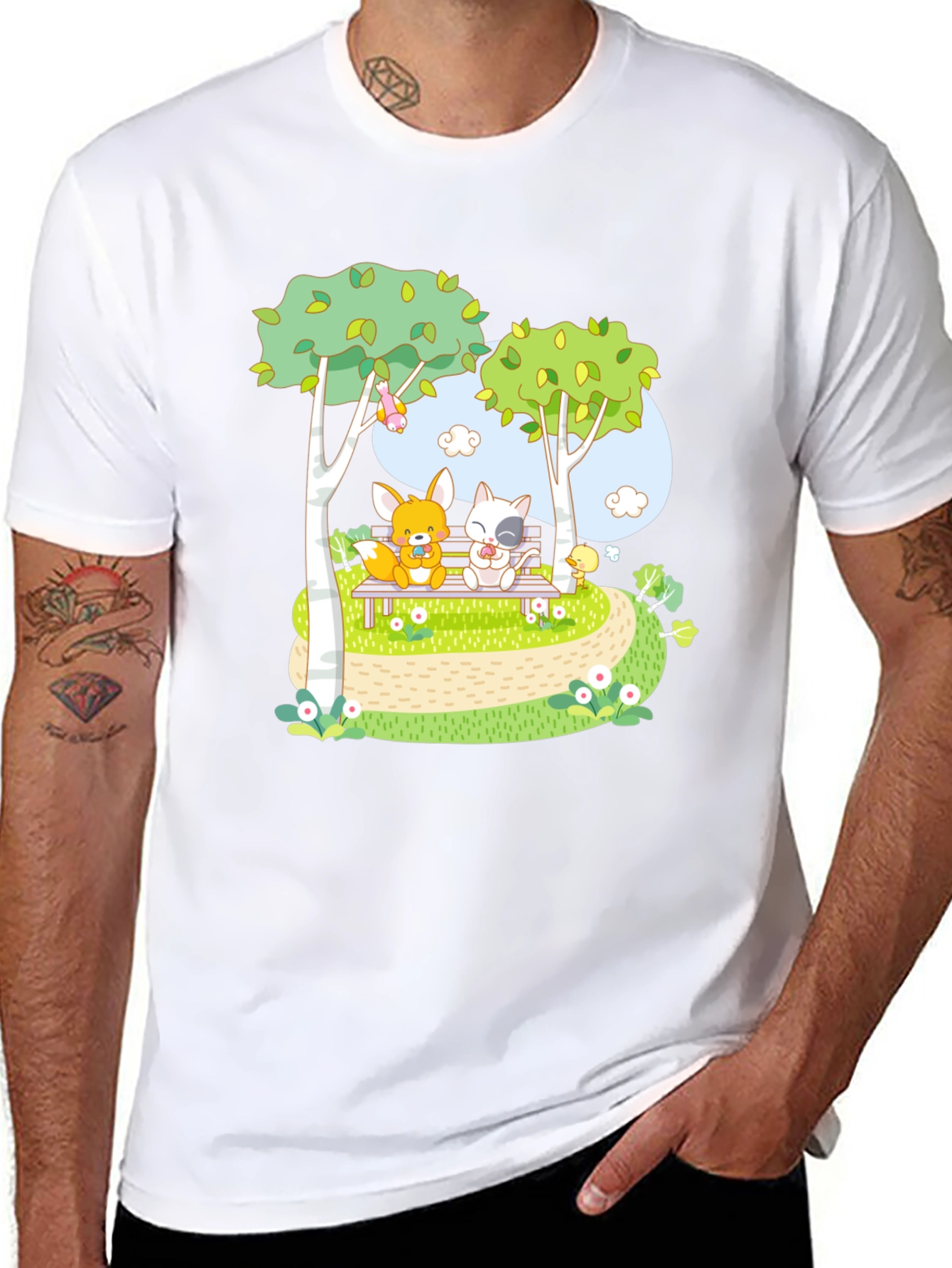 Cartoon Friends on a Bench Graphic T-Shirt