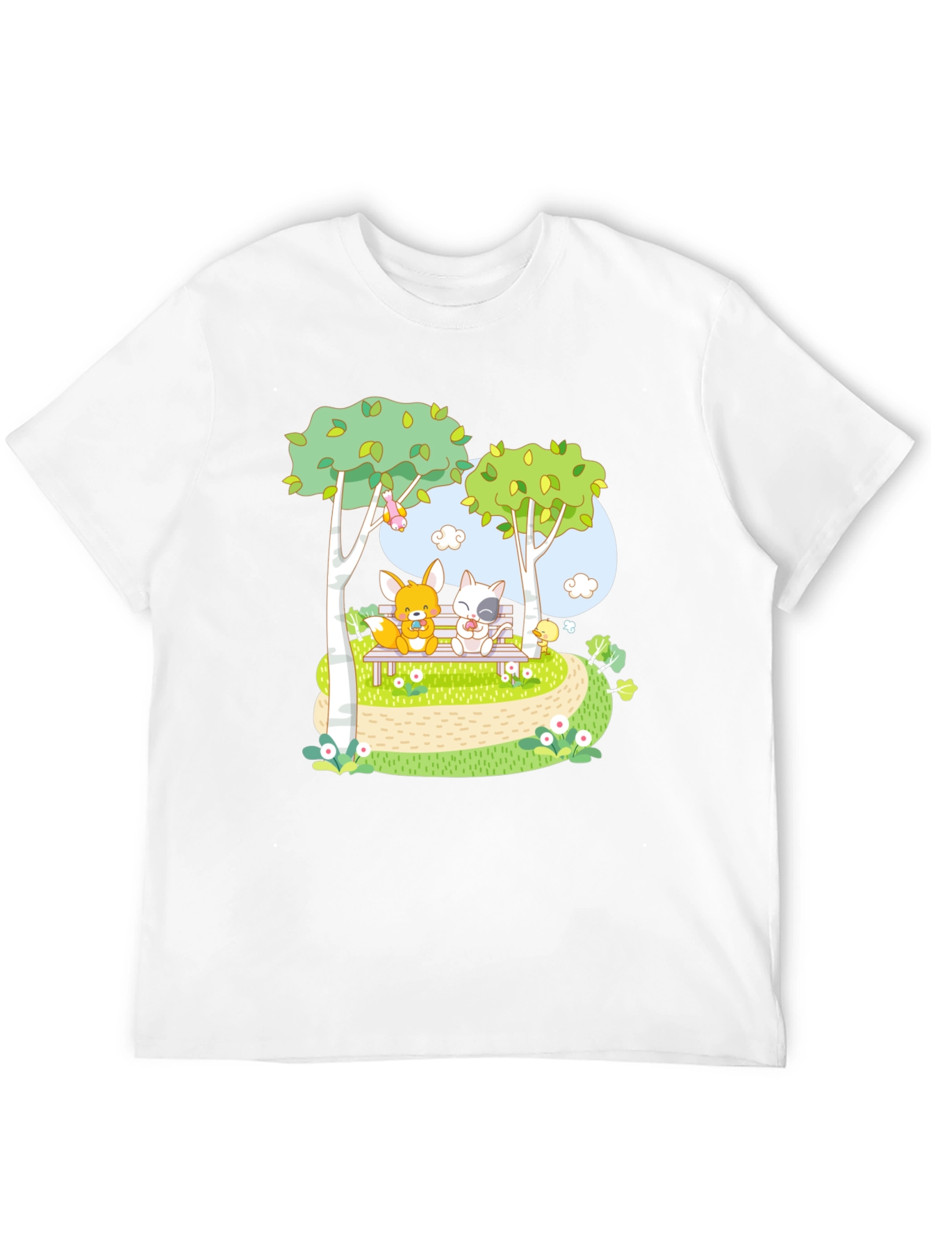Cartoon Friends on a Bench Graphic T-Shirt