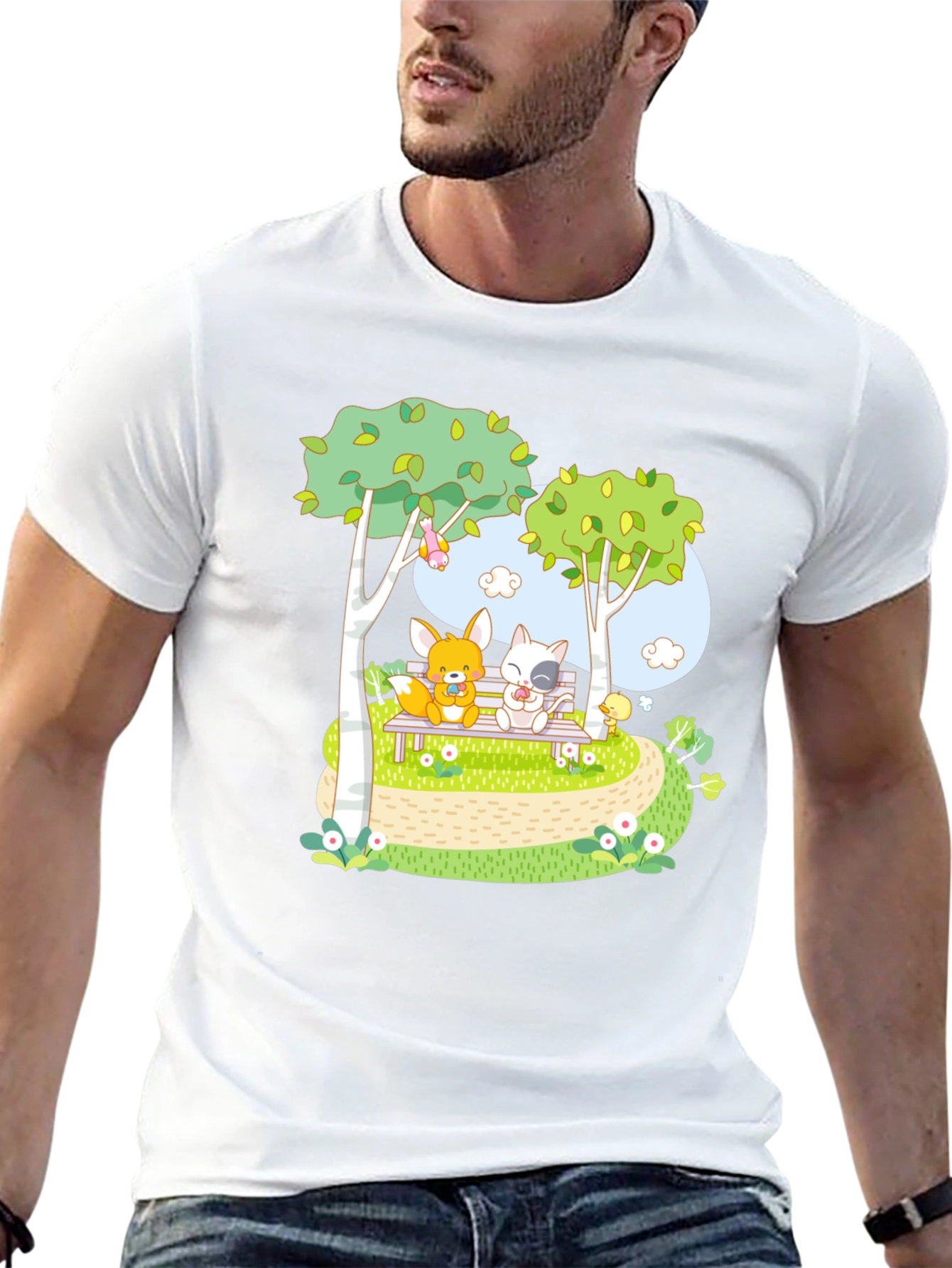 Cartoon Friends on a Bench Graphic T-Shirt