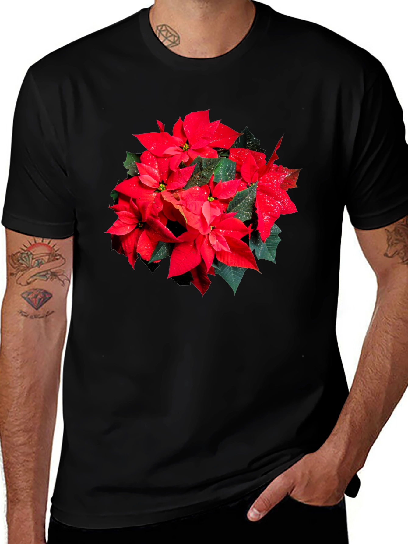 Poinsettia Flower Graphic Black T-Shirt