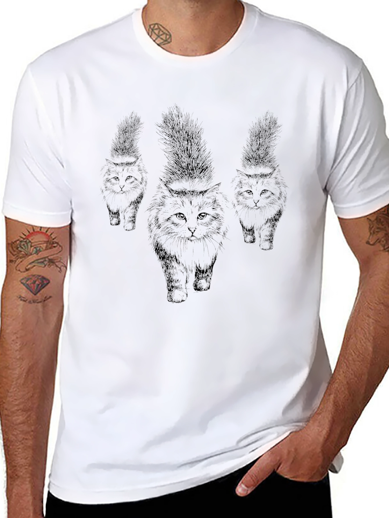 Mens Black Cat Print T-Shirt