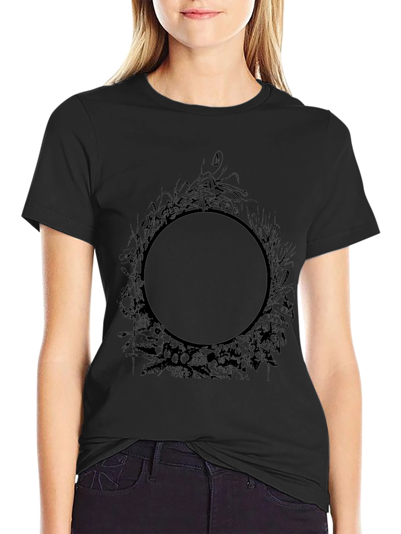 Mens Black Graphic Tee - Circle Floral Design
