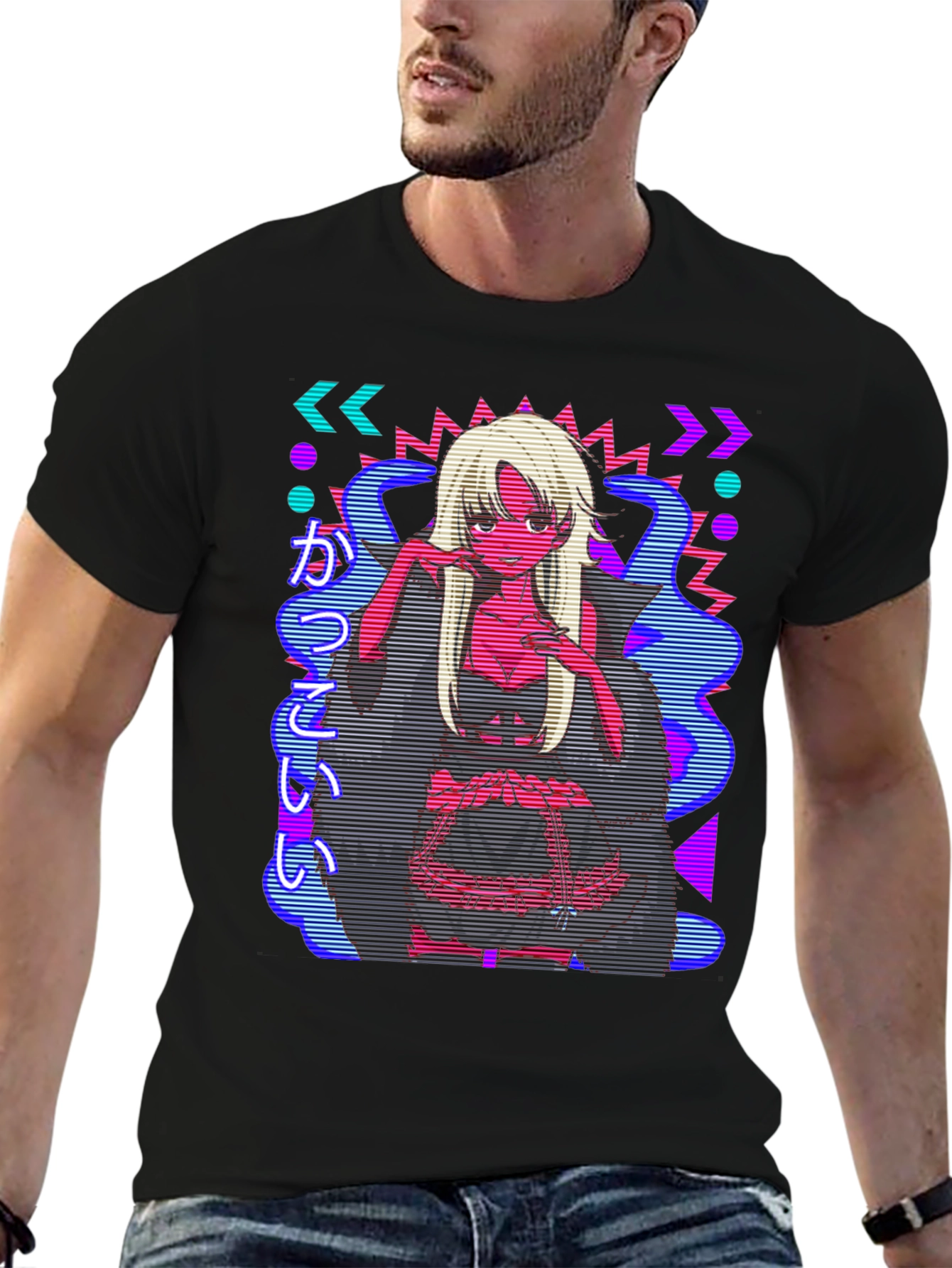 Retro Anime Graphic Print Black Tee