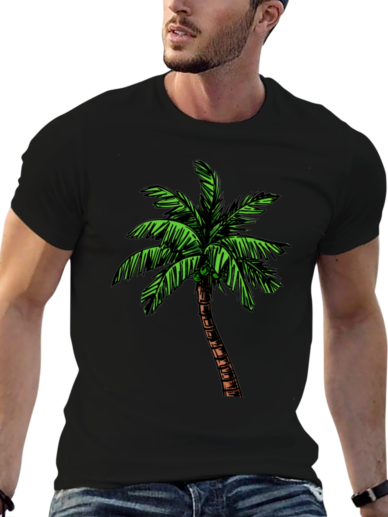 Tropical Palm Tree Graphic Tee - Black Cotton Shirt