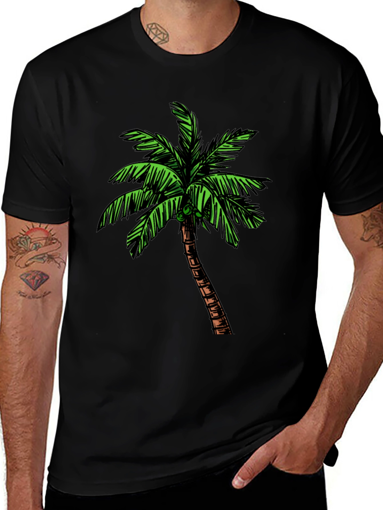 Tropical Palm Tree Graphic Tee - Black Cotton Shirt