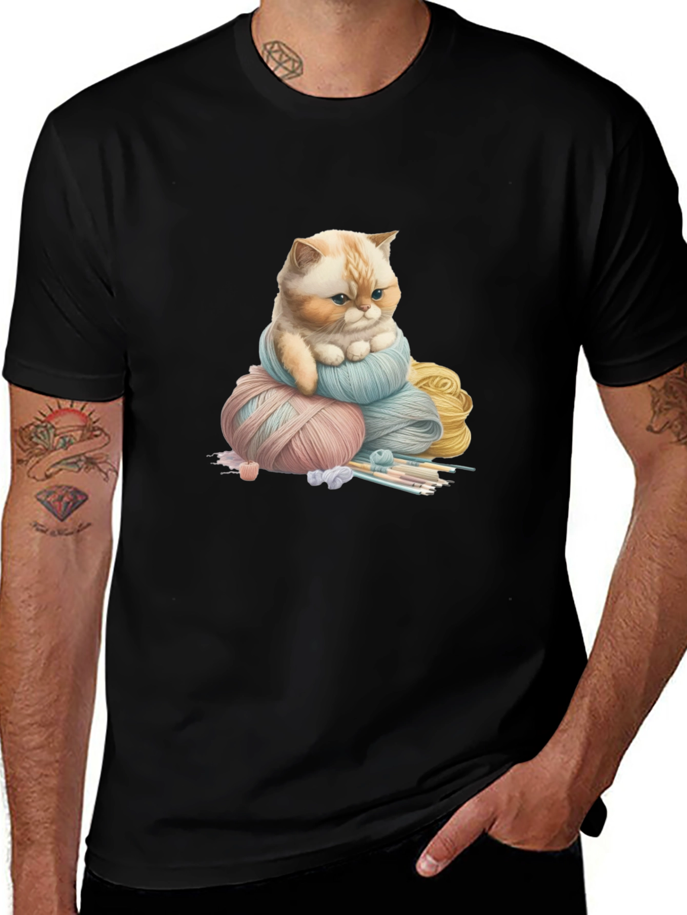 Cute Cat Kitten Yarn Ball Black T-Shirt