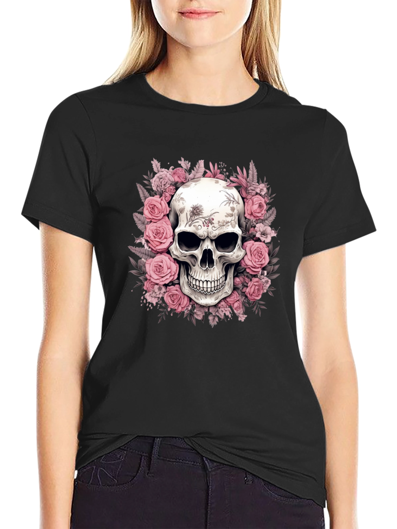 Floral Skull Graphic Black T-Shirt
