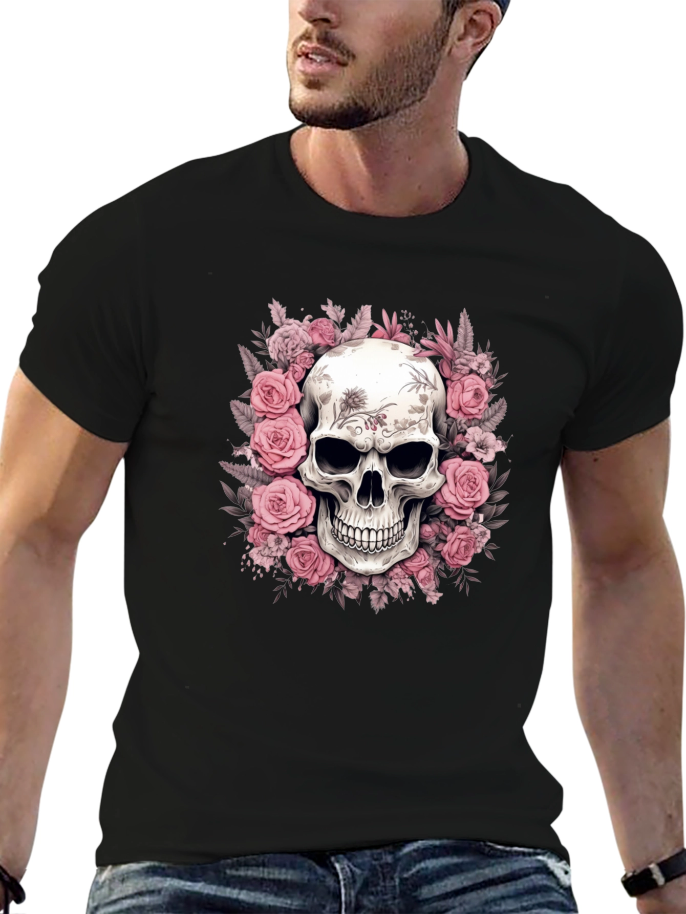 Floral Skull Graphic Black T-Shirt