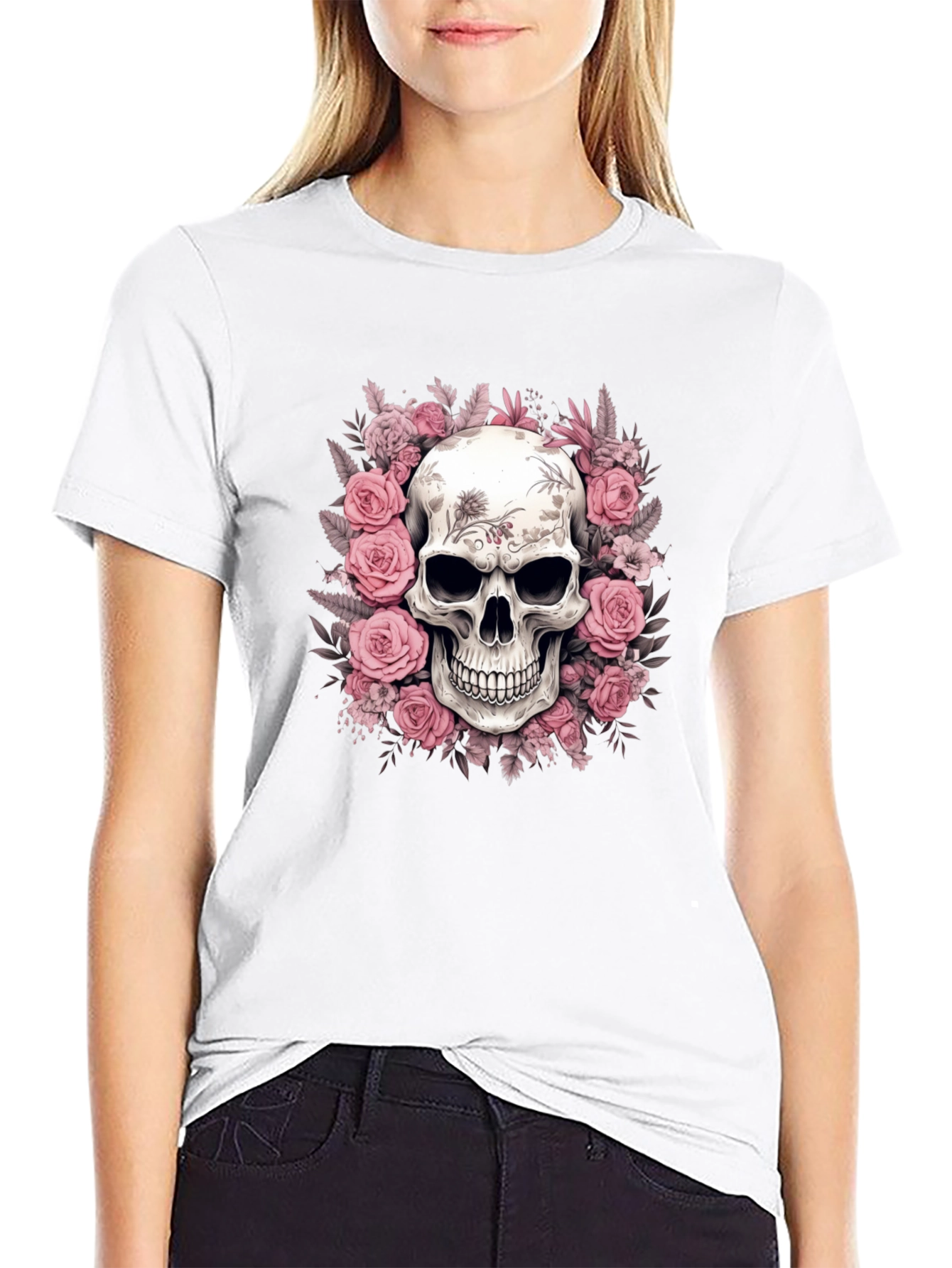 Floral Skull Graphic Black T-Shirt