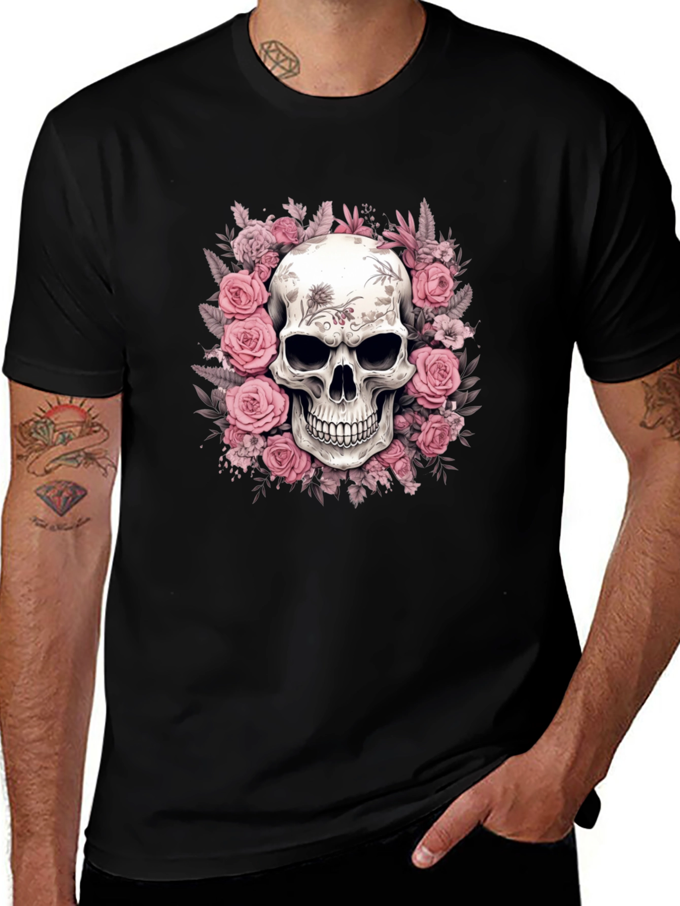 Floral Skull Graphic Black T-Shirt