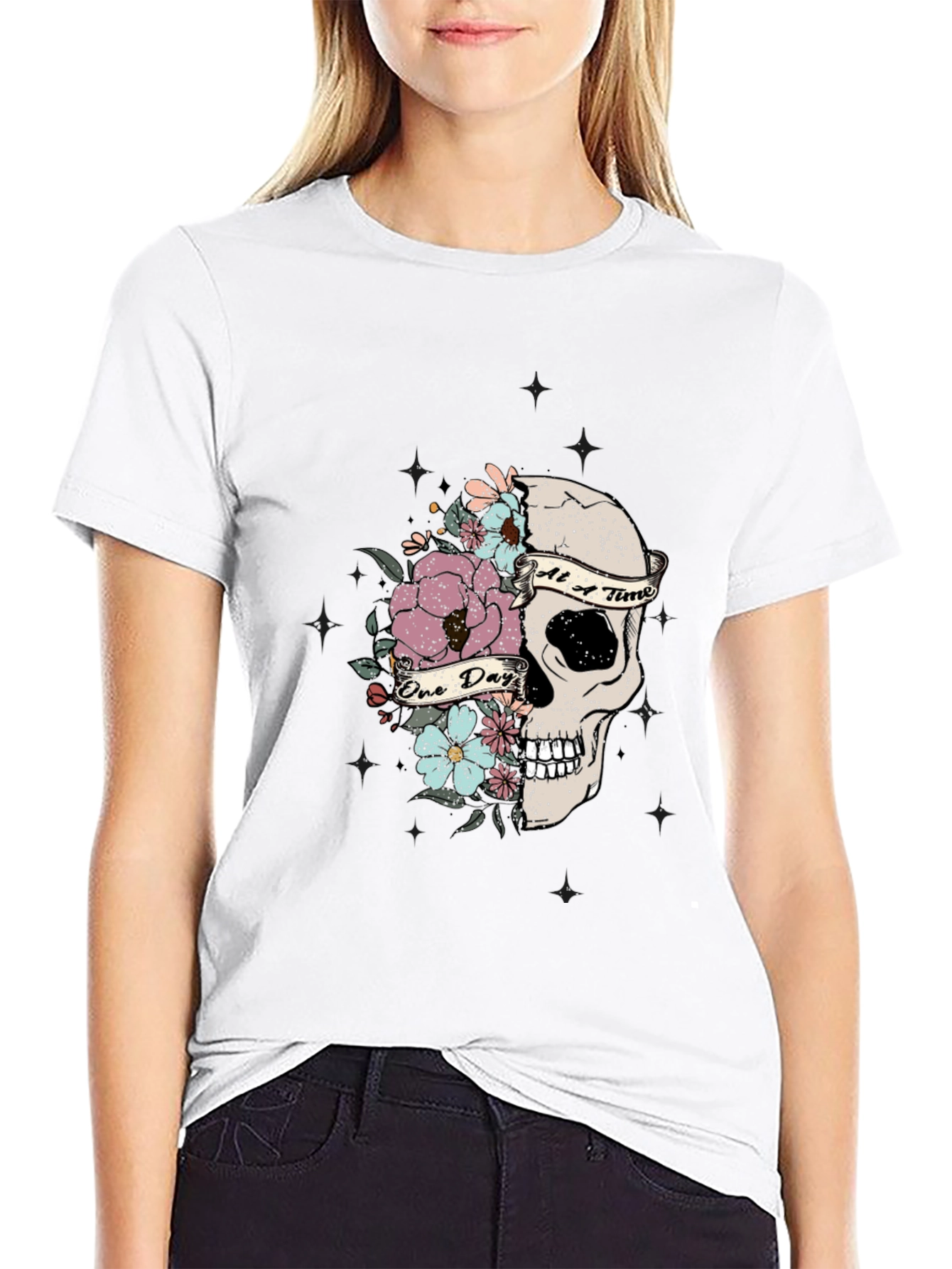 Floral Skull Graphic T-Shirt - Dark