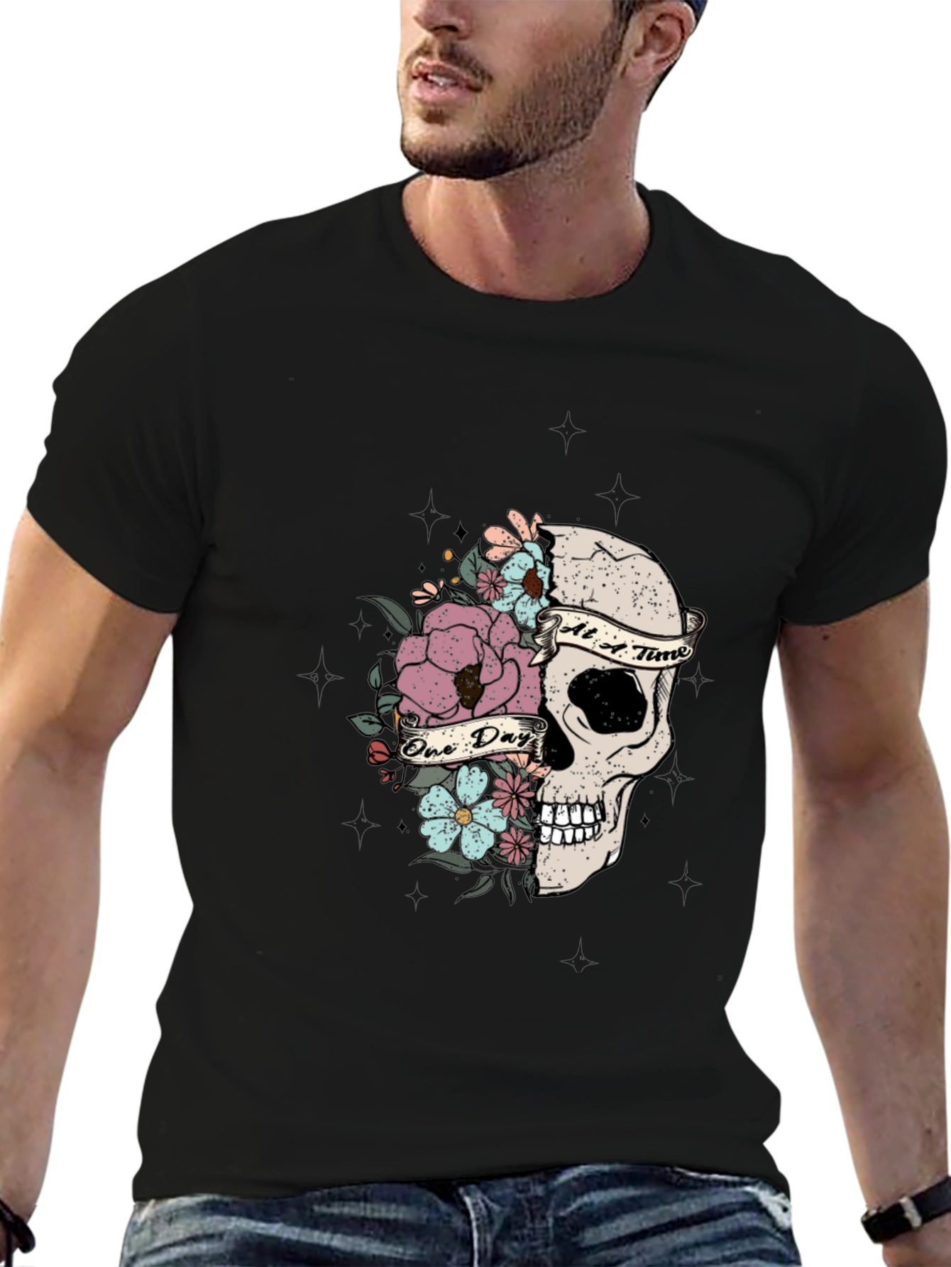 Floral Skull Graphic T-Shirt - Dark