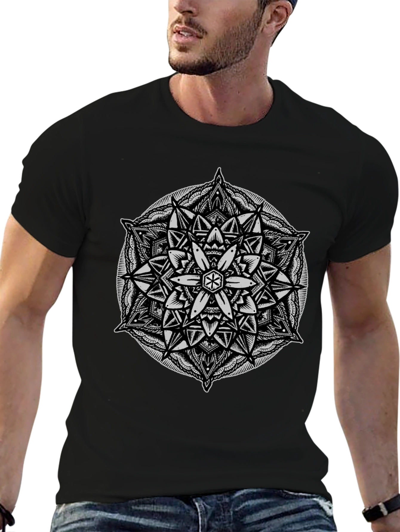 Geometric Mandala Graphic Tee - Black