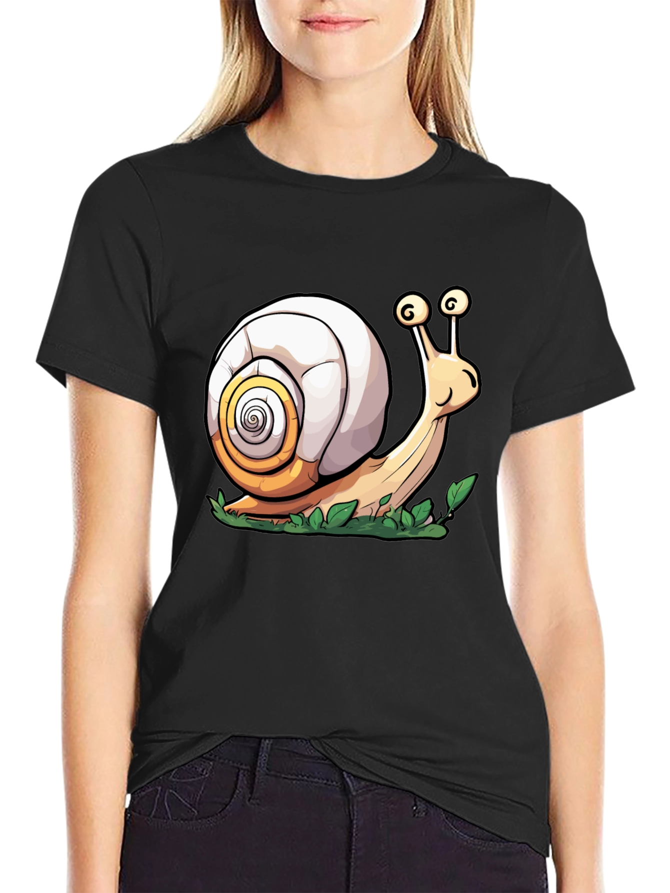 Cartoon Snail Graphic Tee - Black Cotton