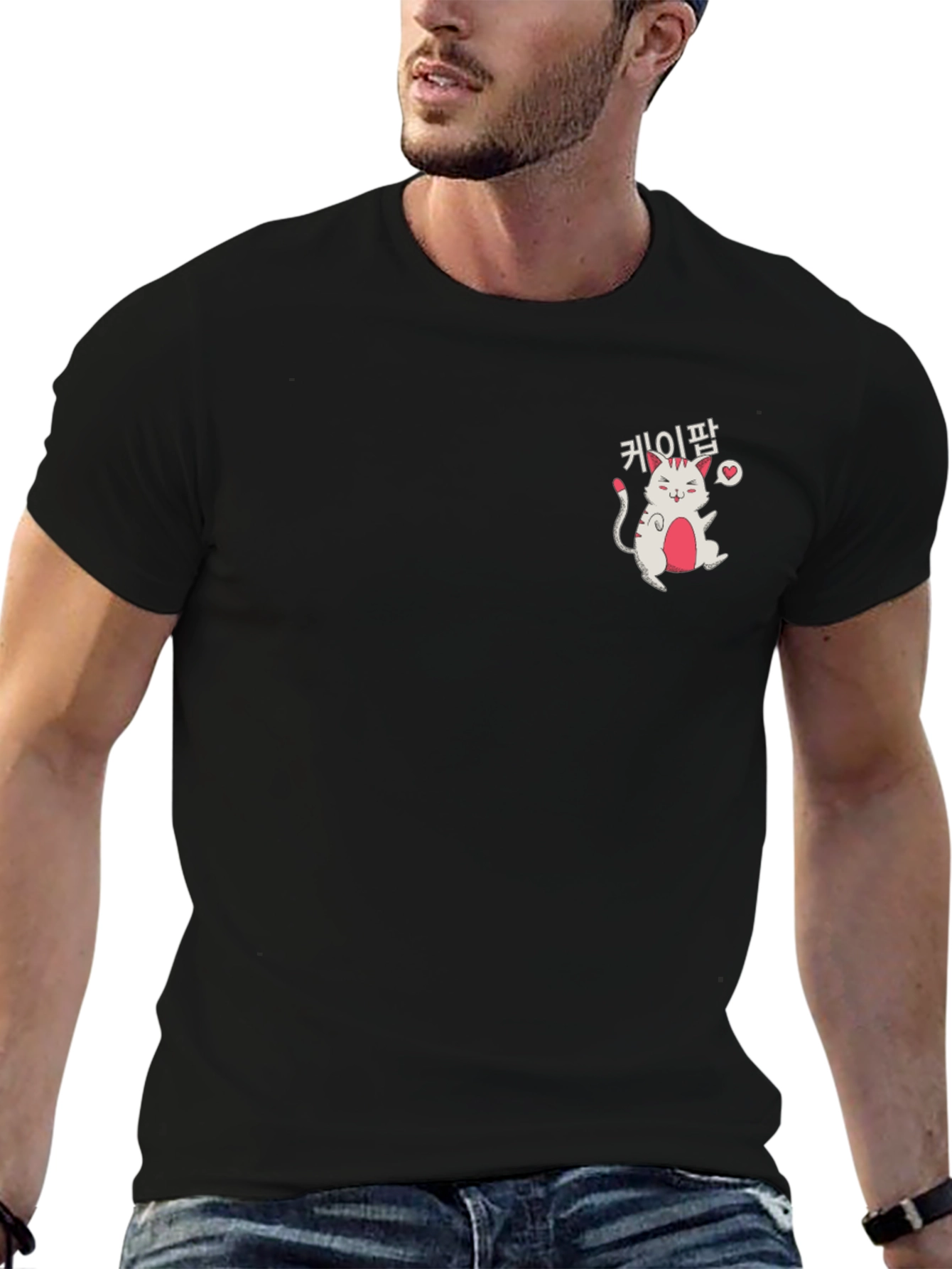 Cute Korean Cat Black T-Shirt