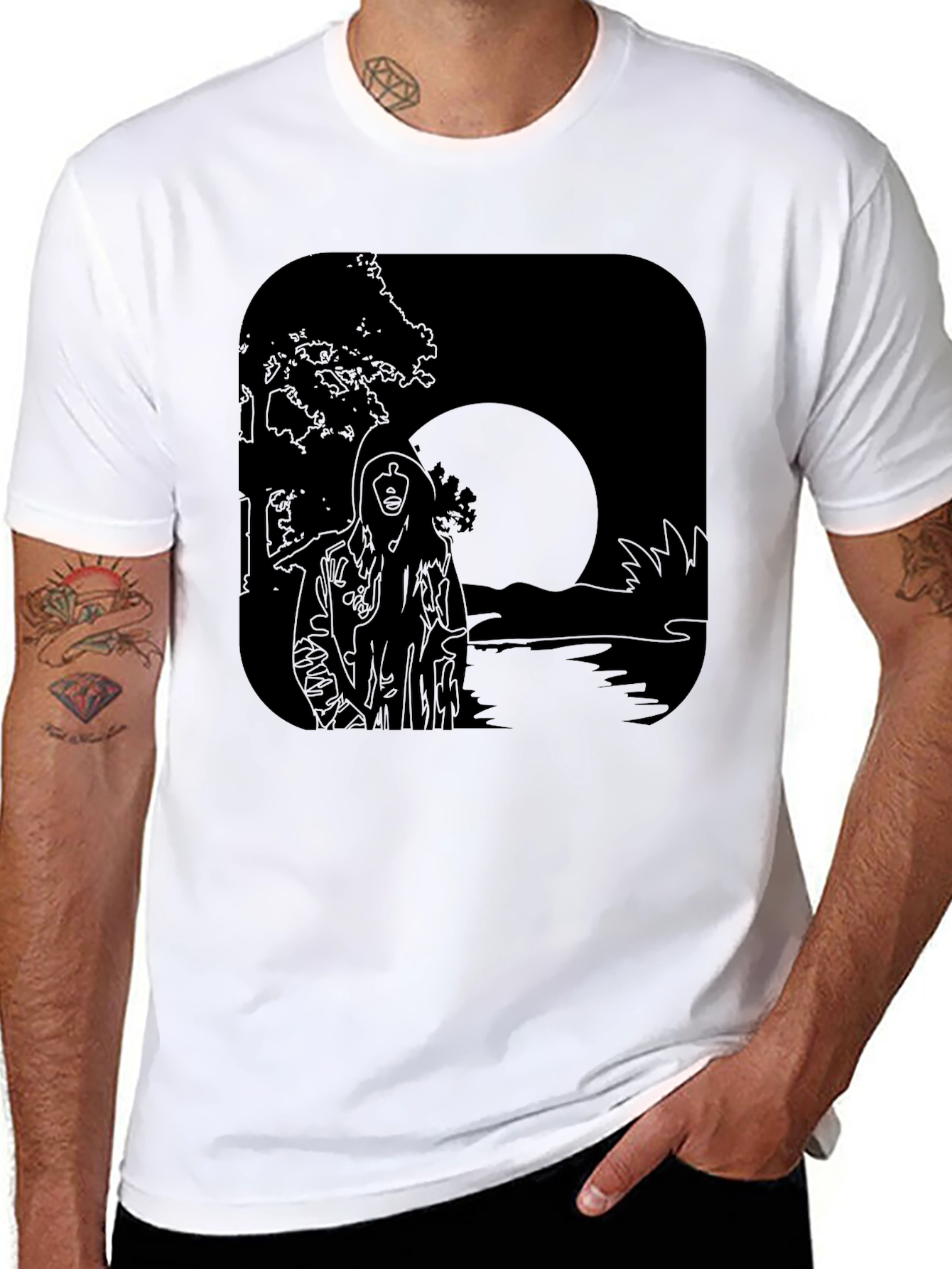 Moonlit River Graphic Tee - Black Cotton T-Shirt