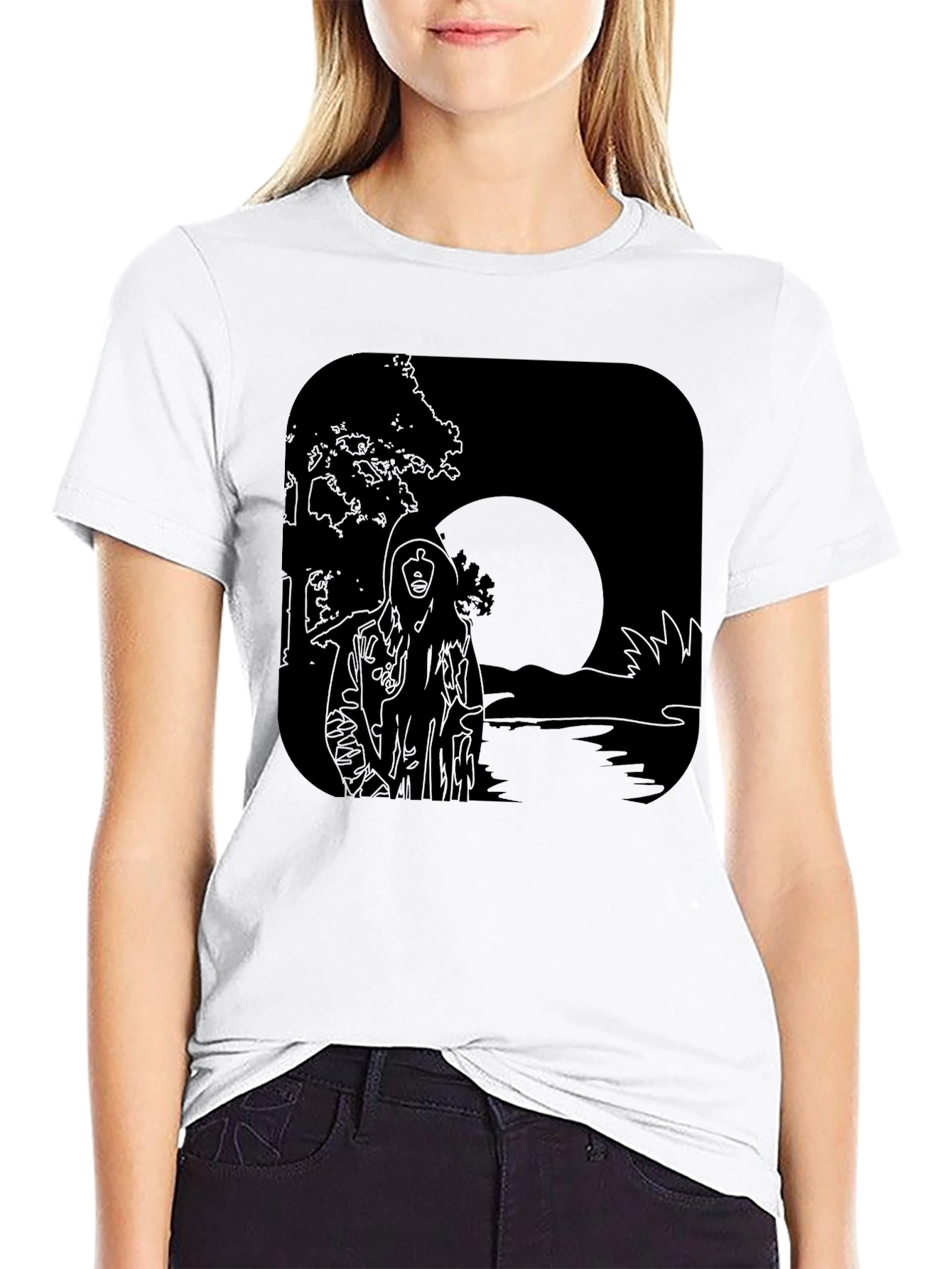 Moonlit River Graphic Tee - Black Cotton T-Shirt