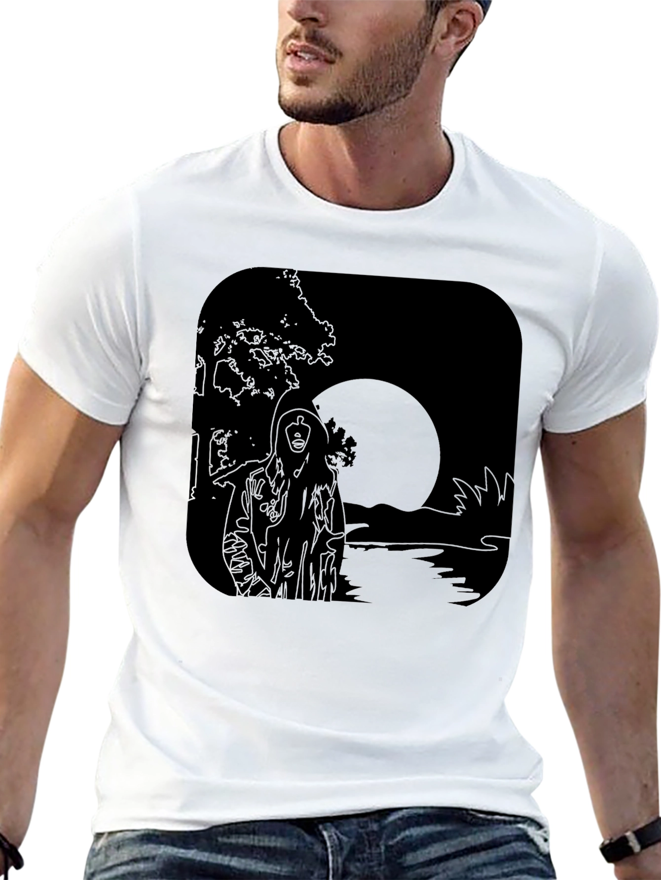 Moonlit River Graphic Tee - Black Cotton T-Shirt