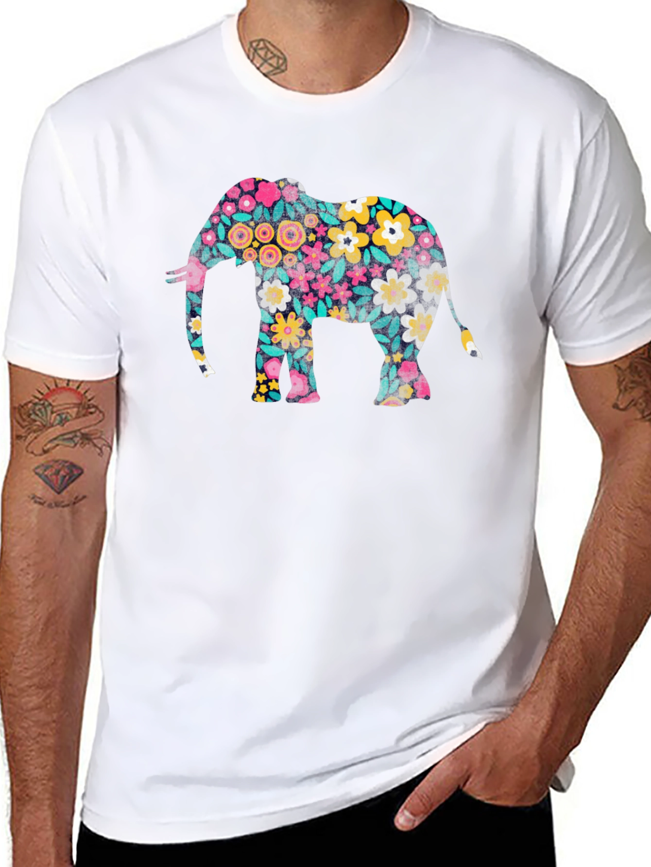 Floral Elephant Print Black T-Shirt