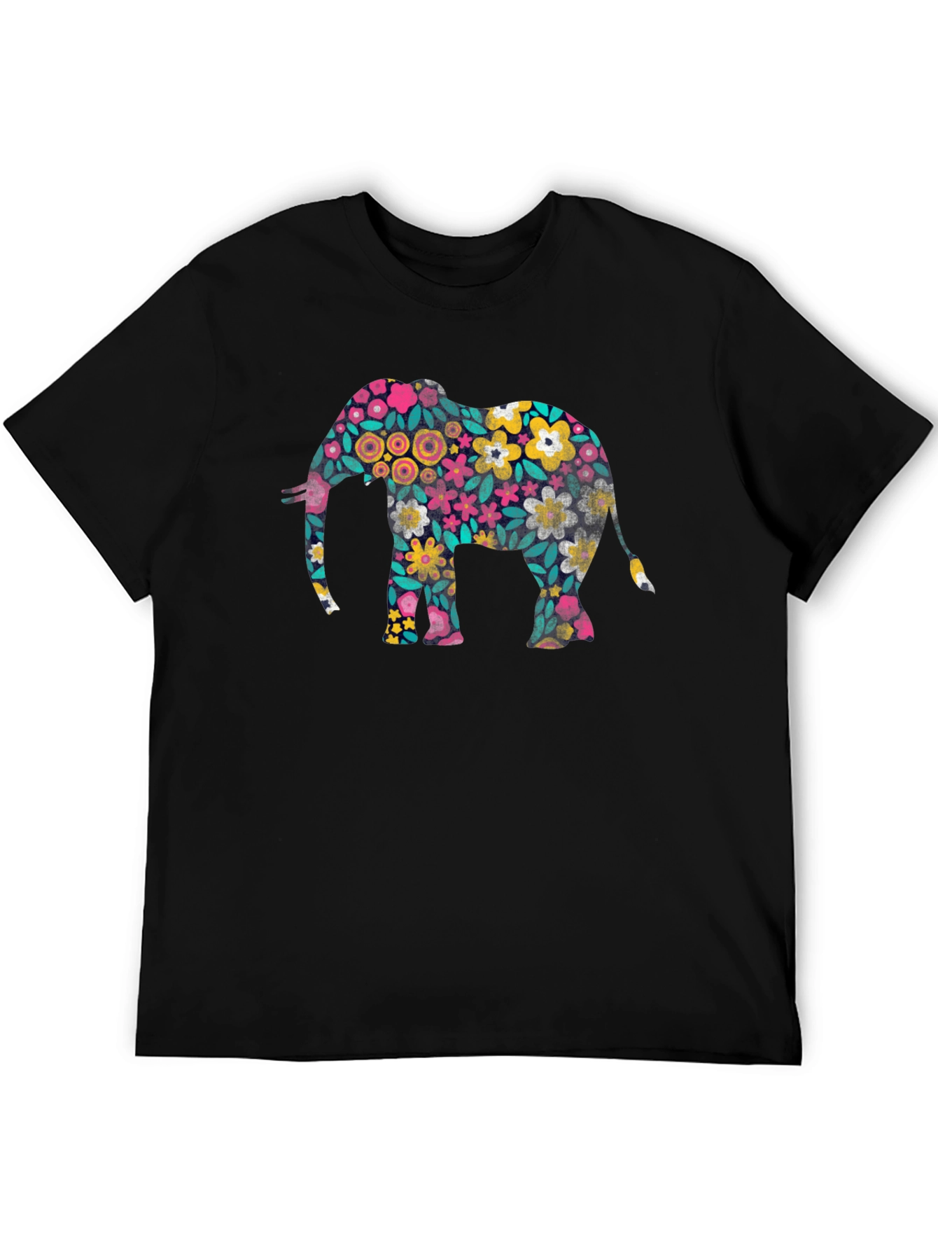 Floral Elephant Print Black T-Shirt