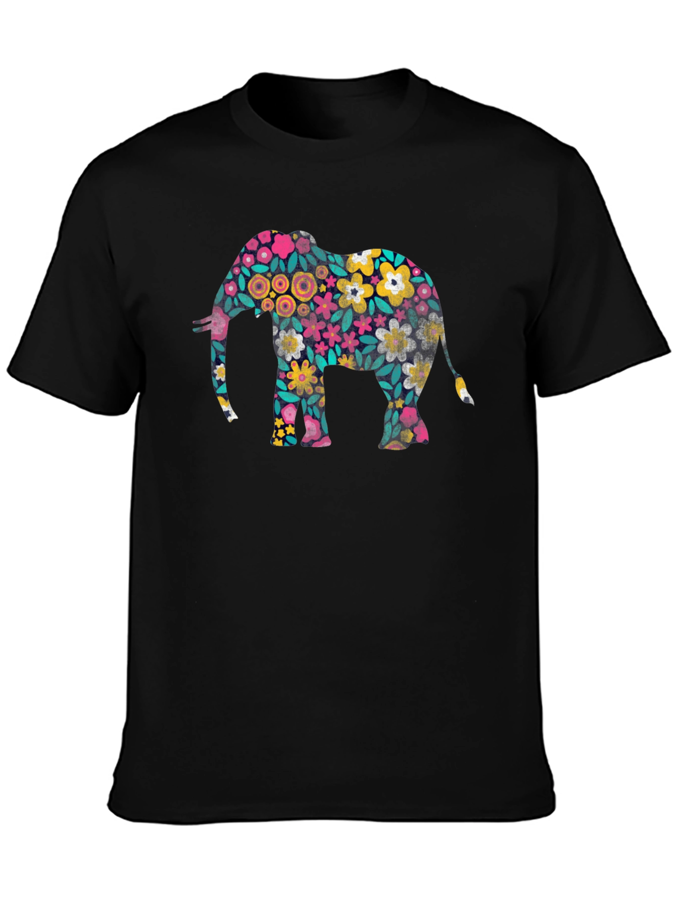 Floral Elephant Print Black T-Shirt