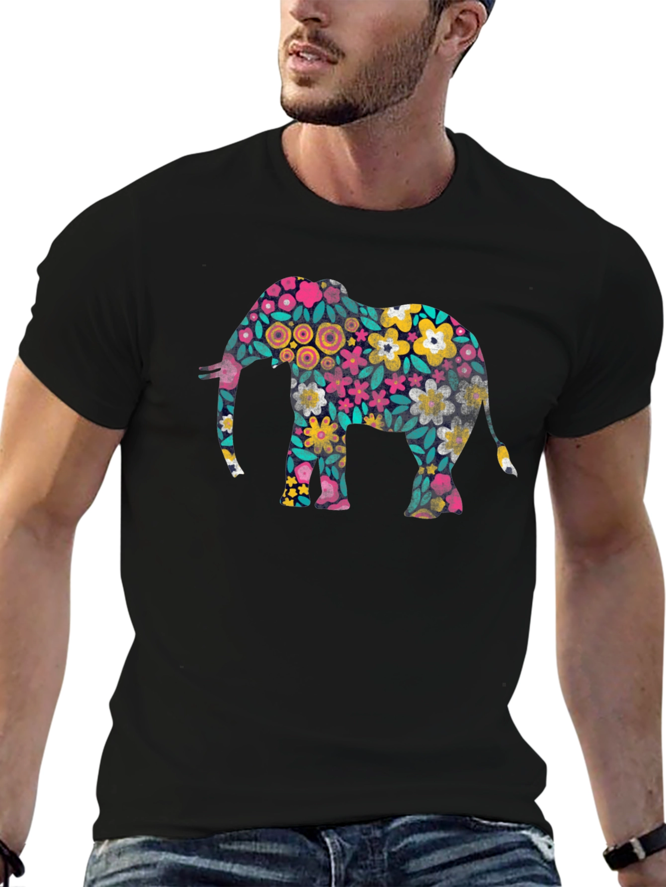 Floral Elephant Print Black T-Shirt