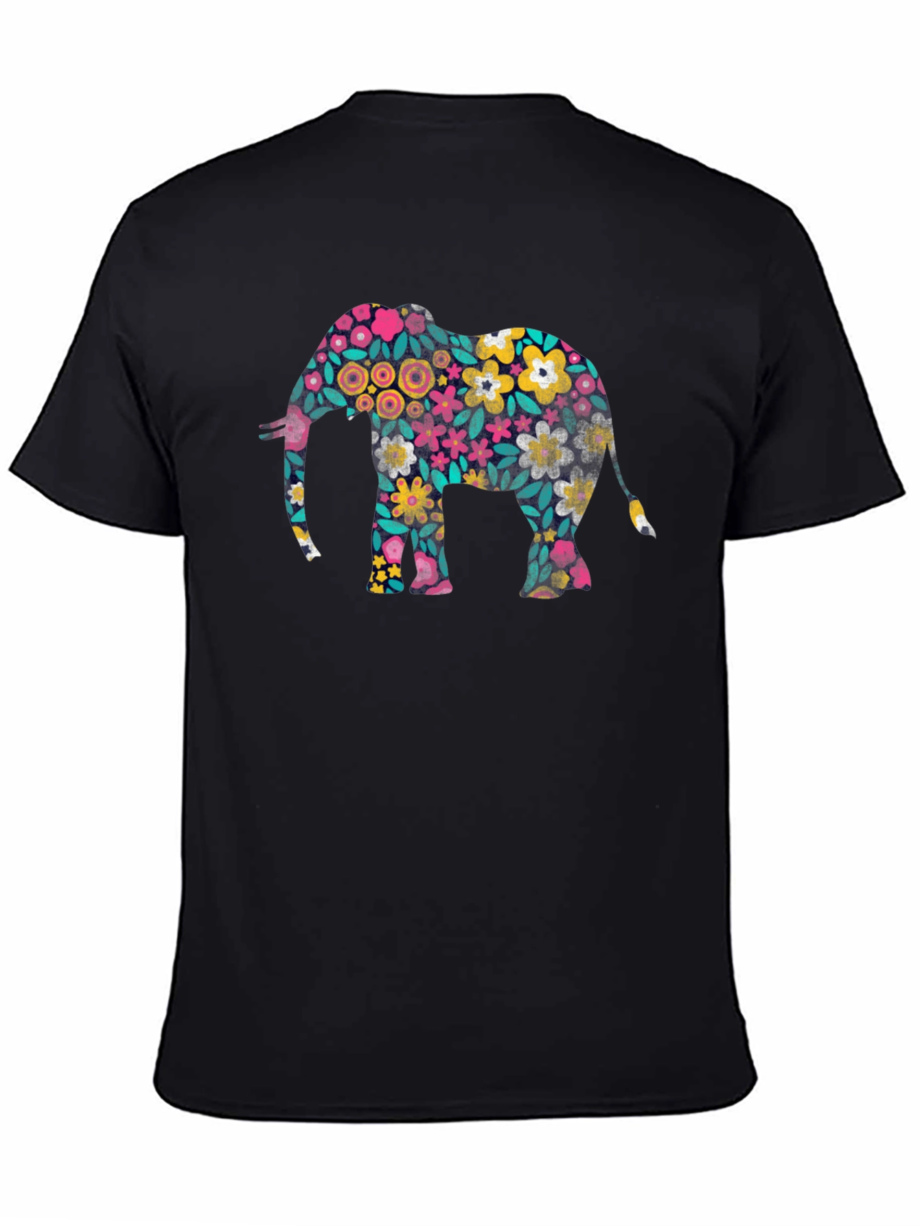 Floral Elephant Print Black T-Shirt