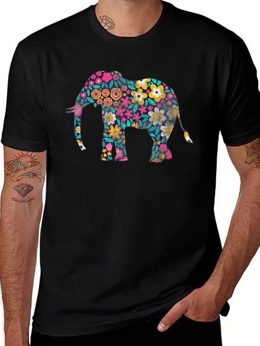 Floral Elephant Print Black T-Shirt
