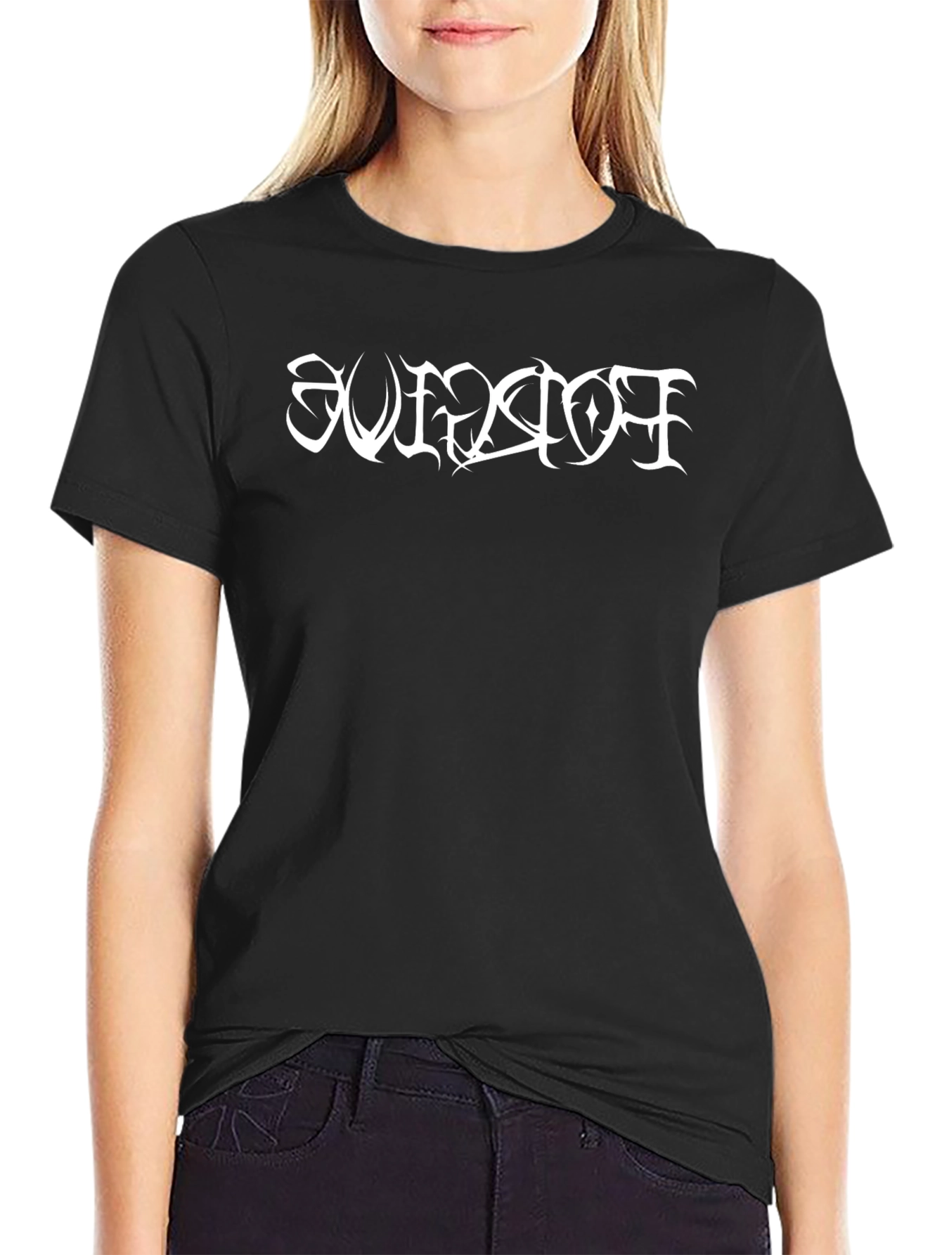 Black T-Shirt with White Gothic Text