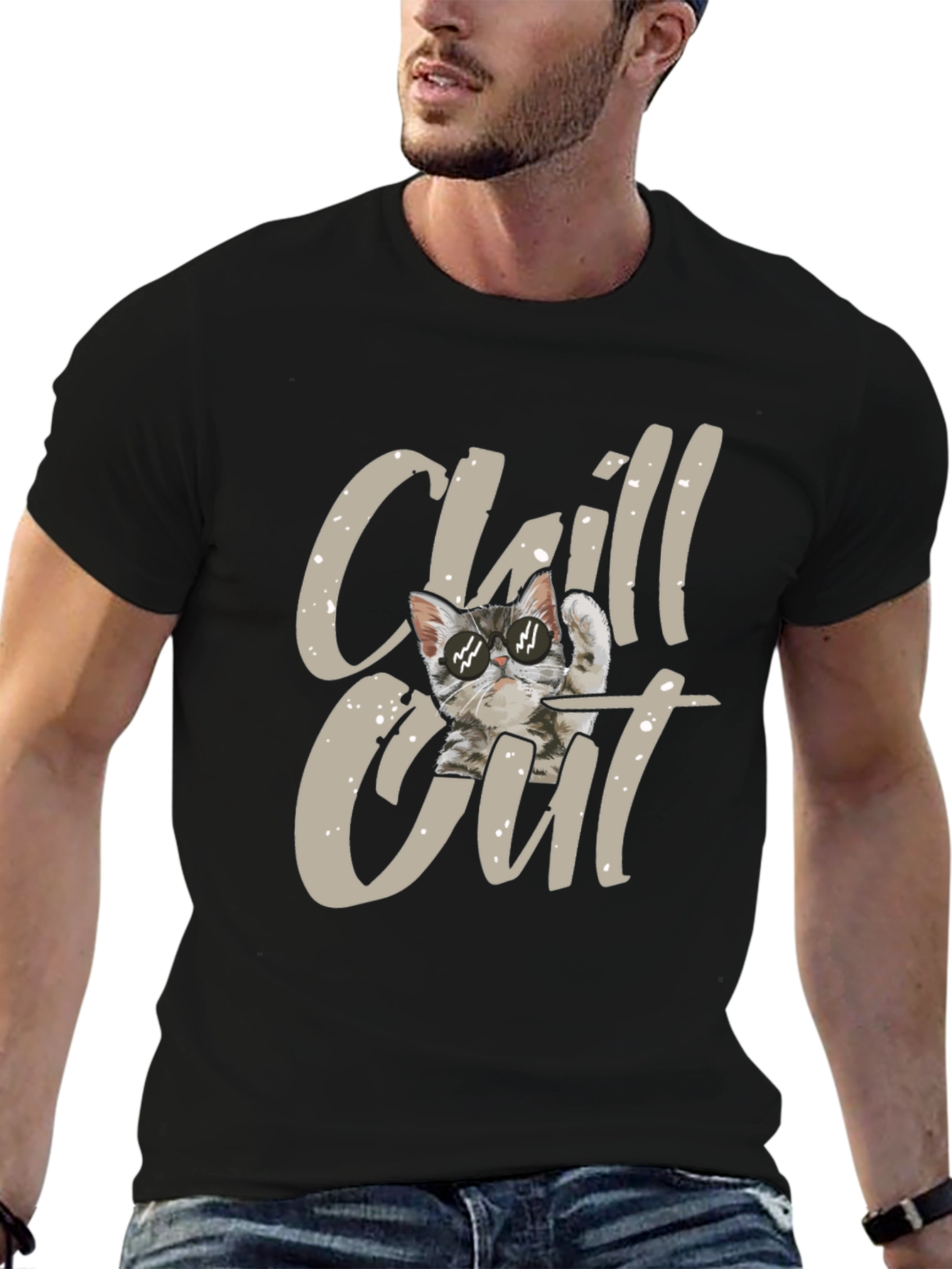 Chill Out Cat Graphic Black T-Shirt