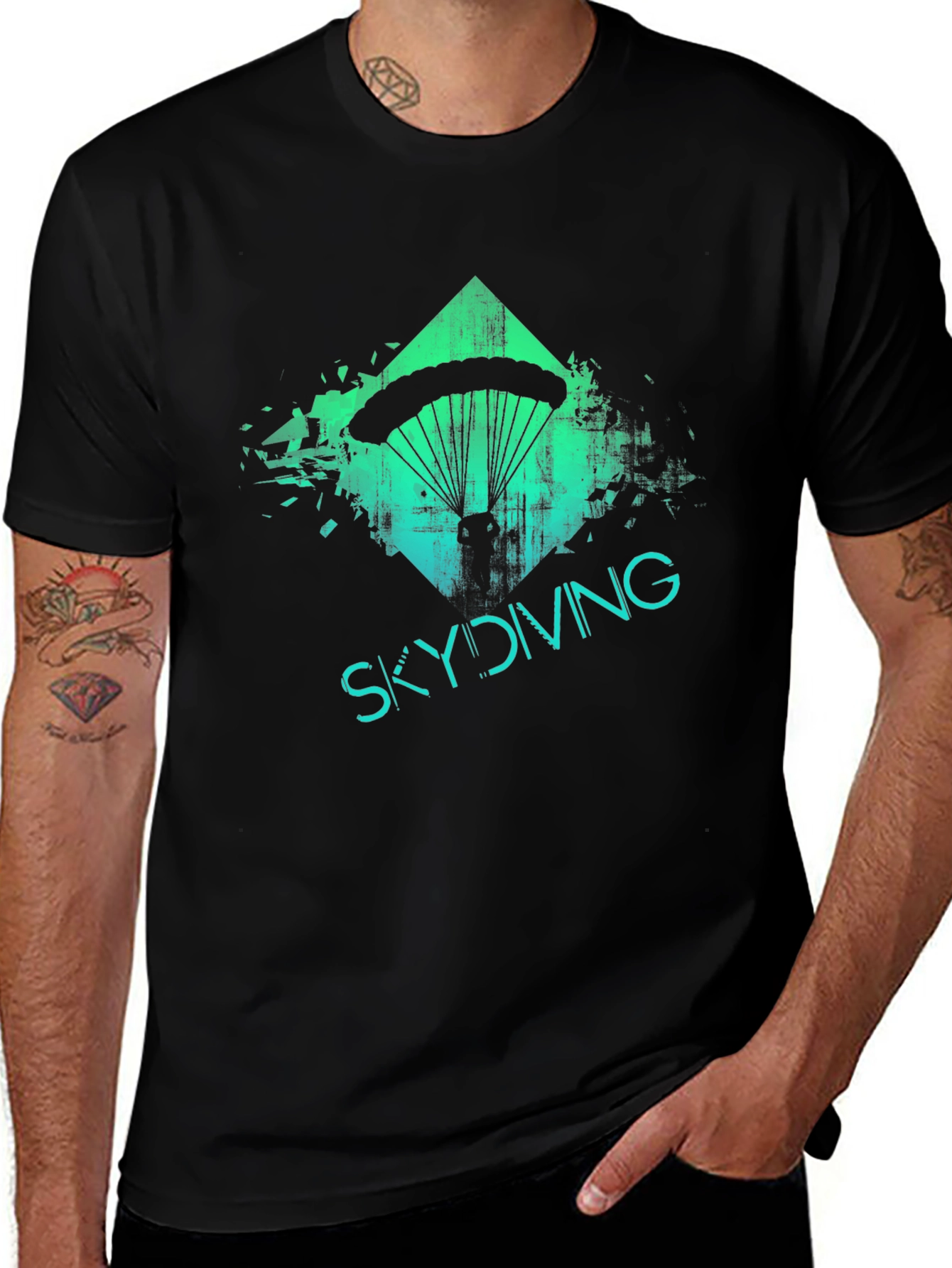 Skydiving Adventure Tee - Black Graphic Print T-Shirt