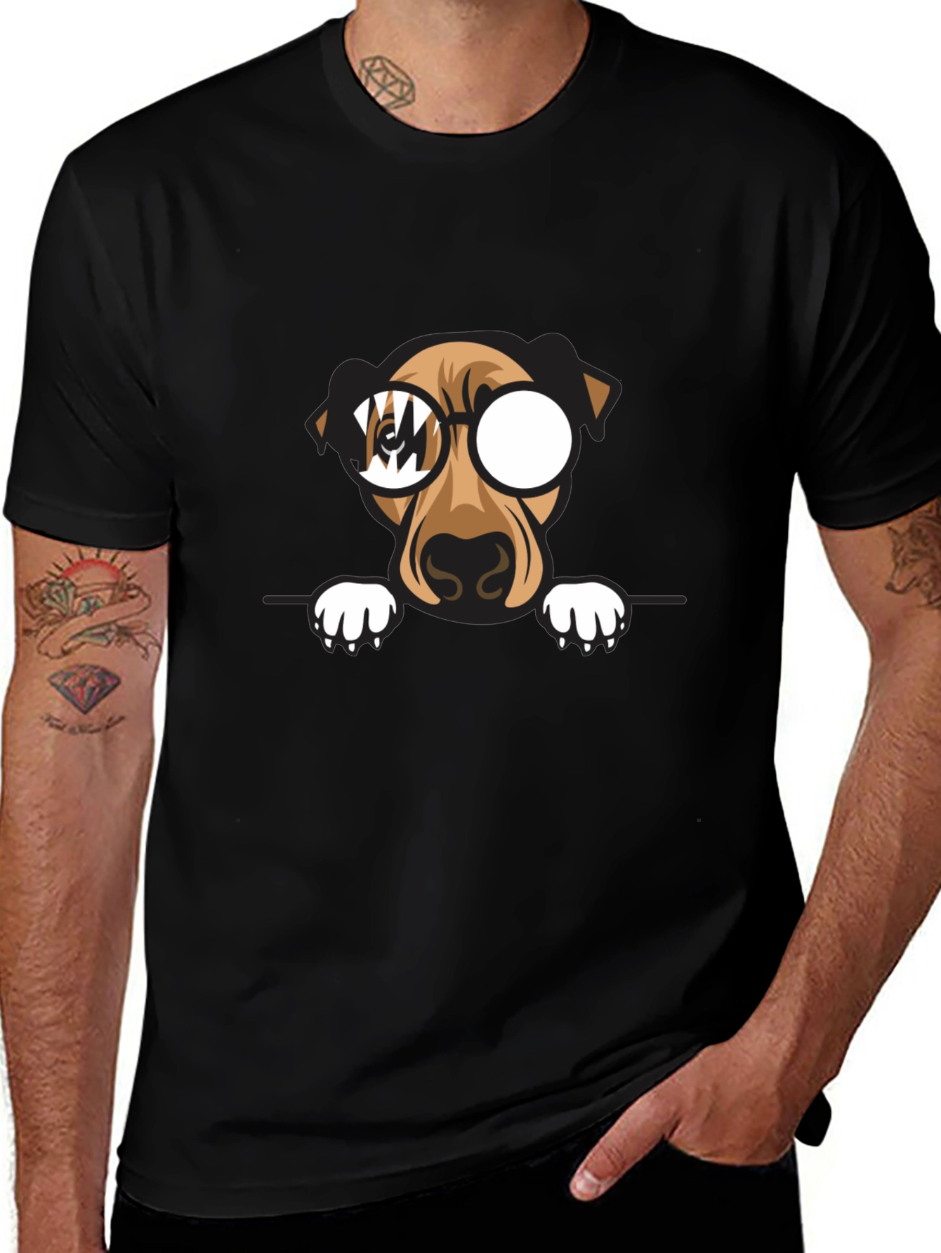 Dog with Glasses Graphic Print Black T-Shirt