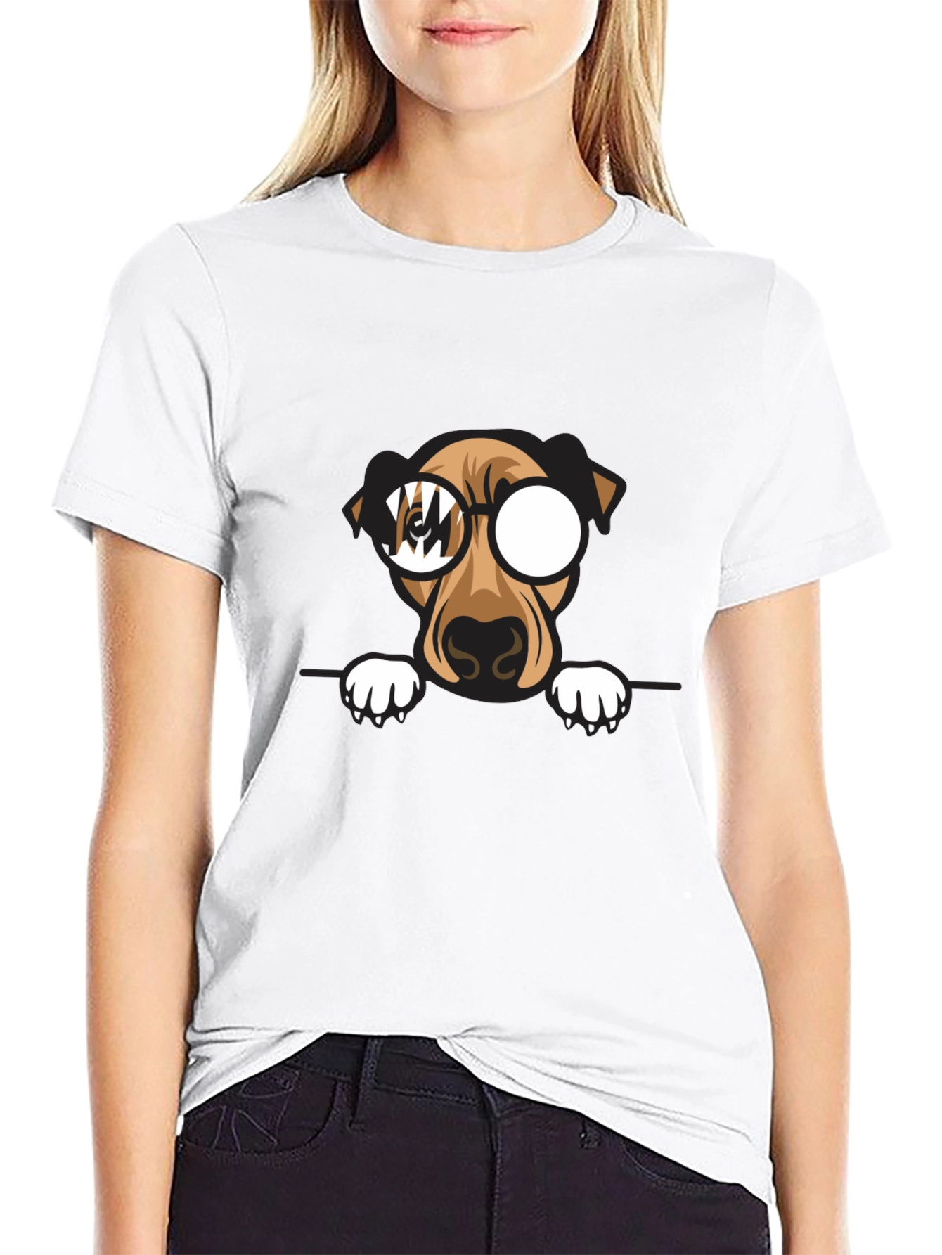 Dog with Glasses Graphic Print Black T-Shirt