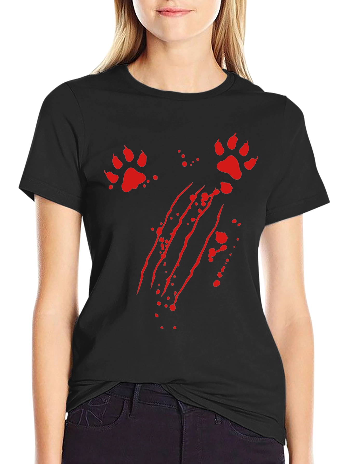 Mens Black T-Shirt with Claw Marks and Paw Prints